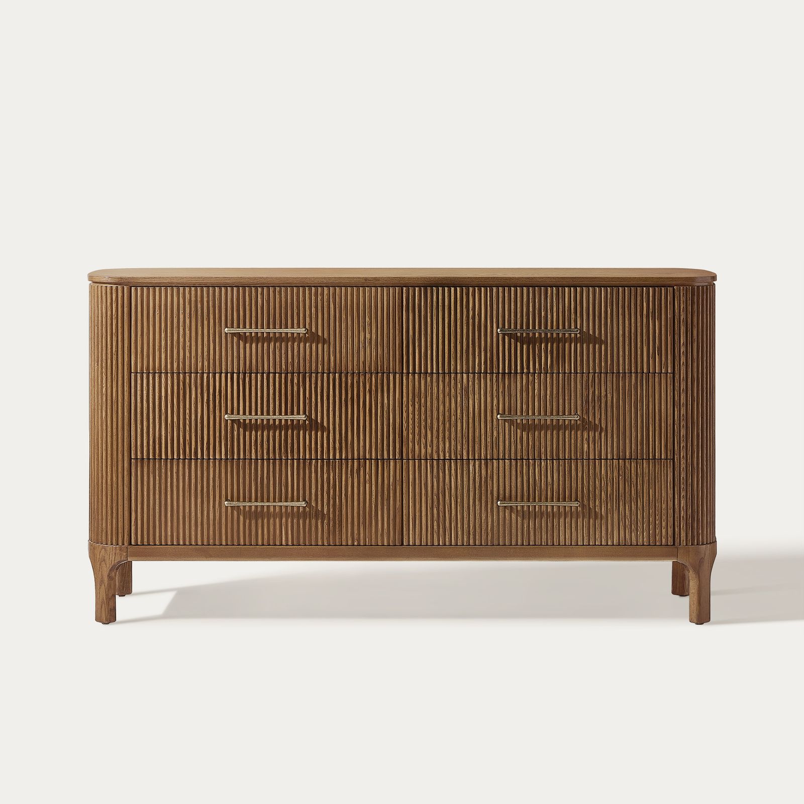 Skugga 63 inch Brown Fluted Solid Oak Wood 6-Drawer Dresser | HERNEST