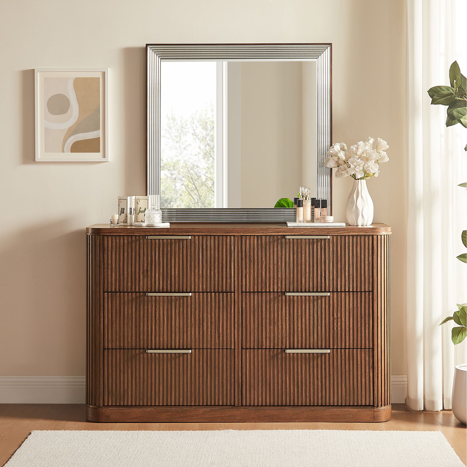 Finnley 62 inch Reddish Brown Fluted Solid Wood 6-Drawer Dresser