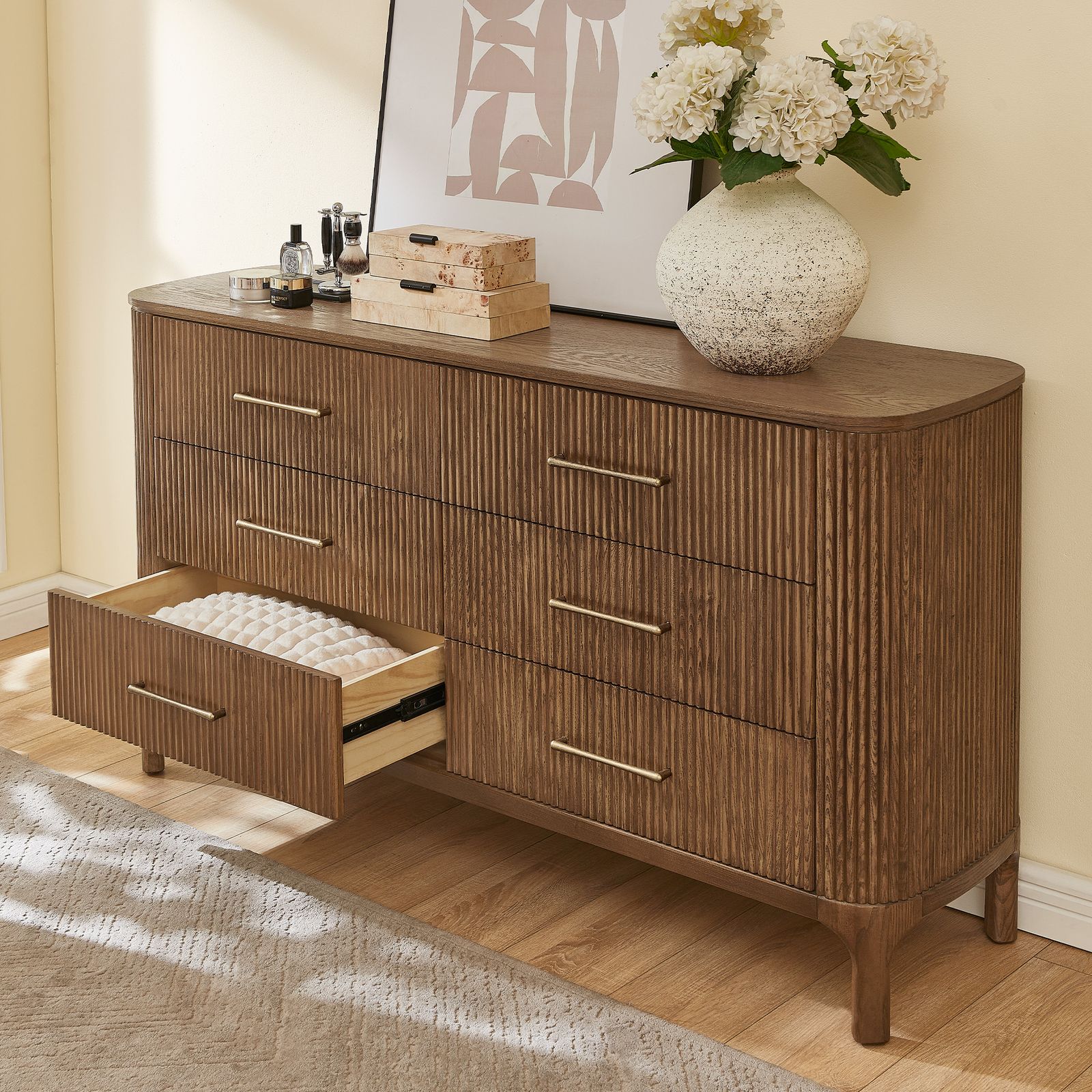 Skugga 63 inch Brown Fluted Solid Oak Wood 6-Drawer Dresser HERNEST Skugga 63 inch Brown Fluted Solid Oak Wood 6-Drawer Dresser HERNEST