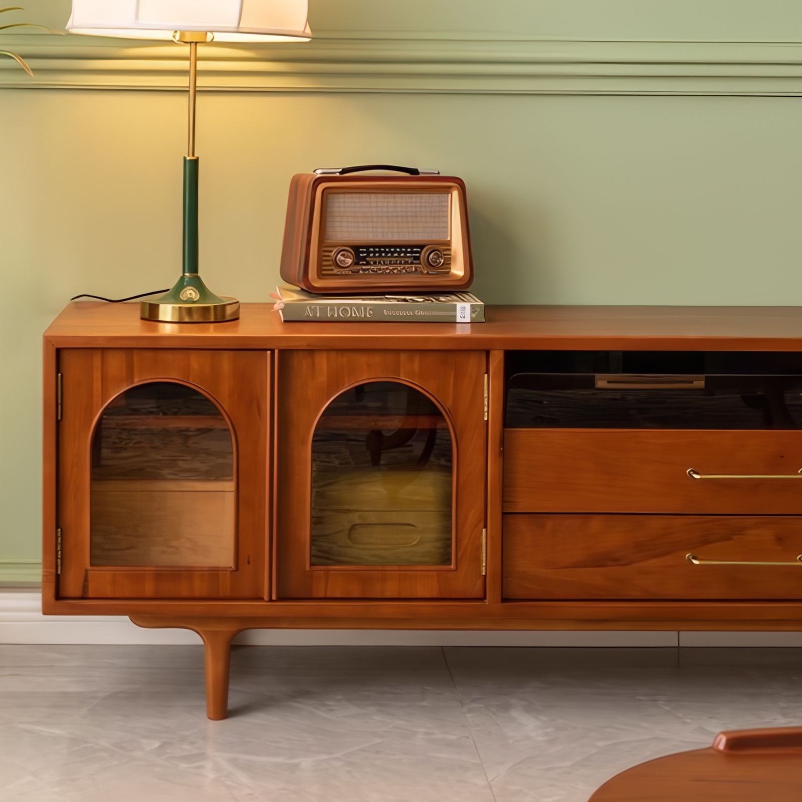 Julius 84 inch MCM Arch TV Stand with 2 Drawers & Glass Door