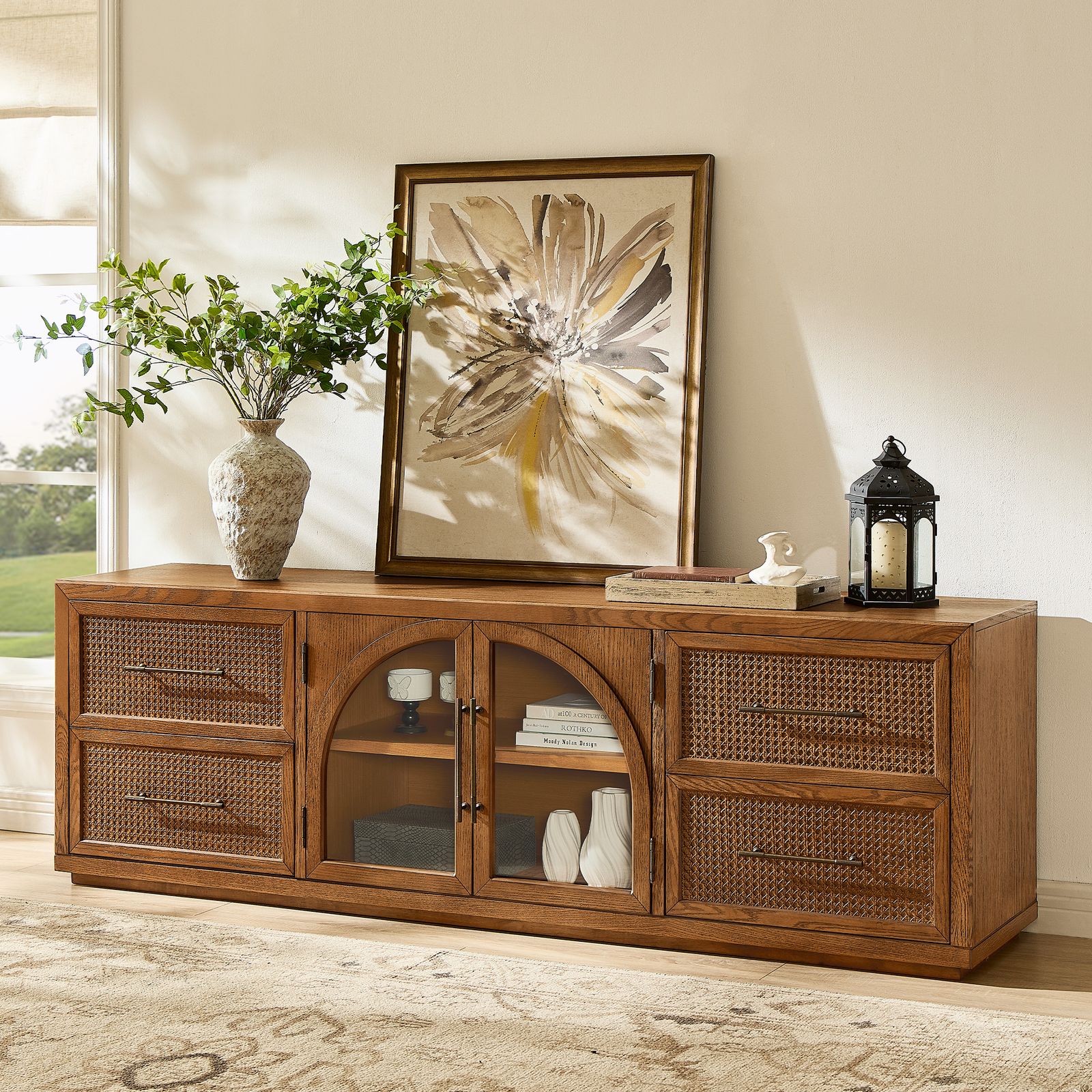 Valborg 80 inch Brown TV Stand with 4 Rattan Drawers | HERNEST