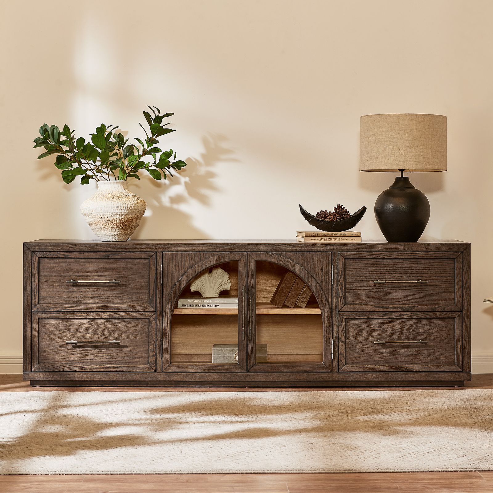Valborg 80 inch Dark Brown Oak Arch TV Stand | HERNEST