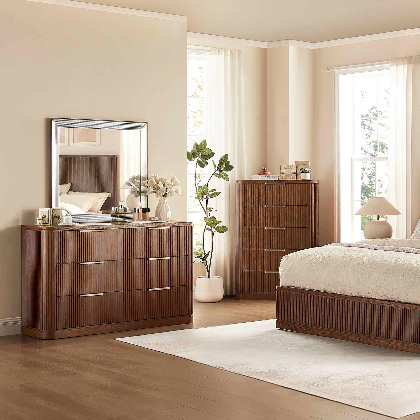 Finnley 62 inch Reddish Brown Fluted Solid Wood Dresser with 6 Drawer |  HERNEST
