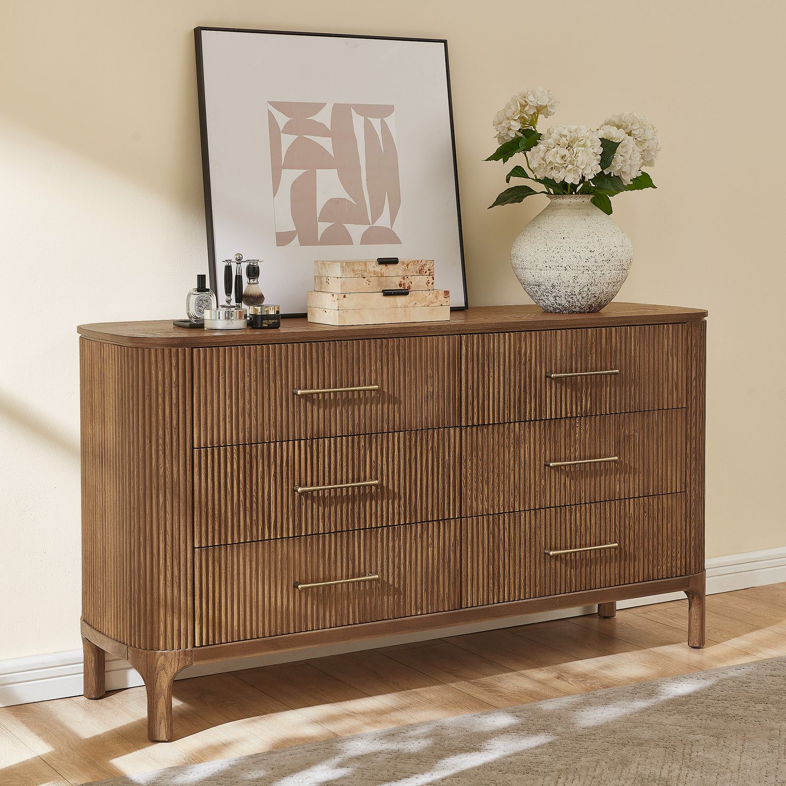 Skugga 63 inch Brown Fluted Solid Oak Wood 6-Drawer Dresser | HERNEST