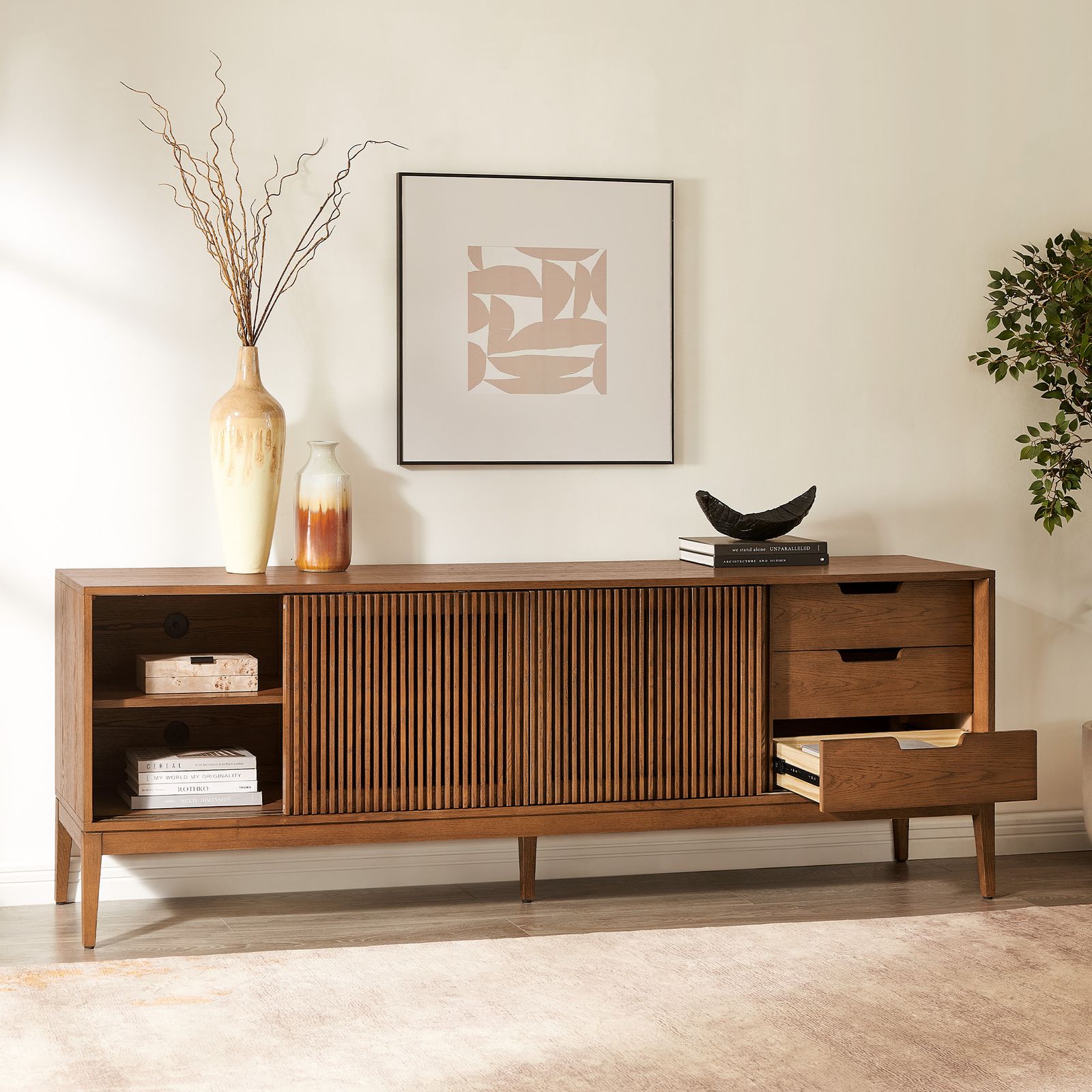 Astrid 84 inch MCM Slatted TV Stand with Sliding Door Cabinet & 2