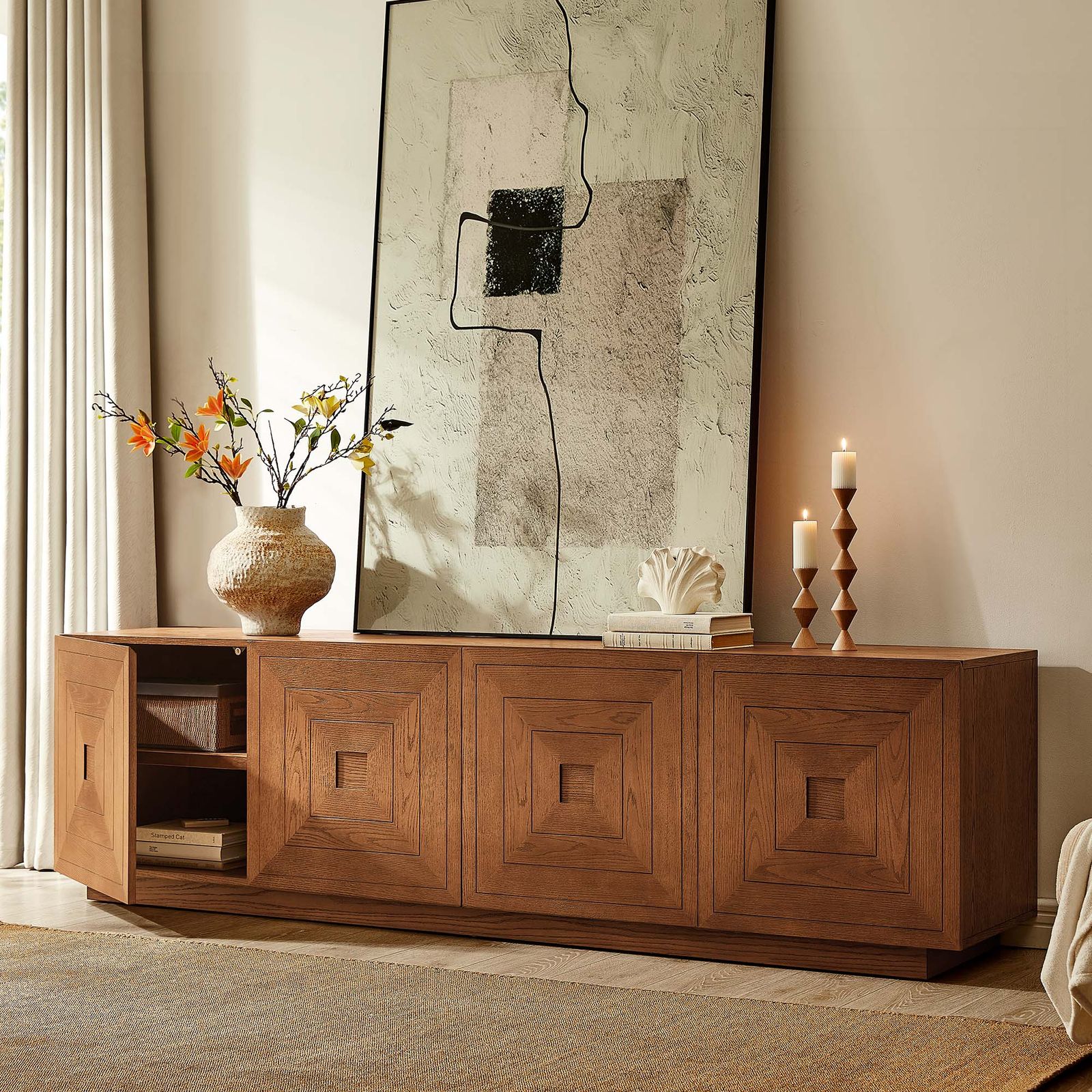 Kaisa 86 inch Carving Wood TV Stand with Adjustable Shelves for