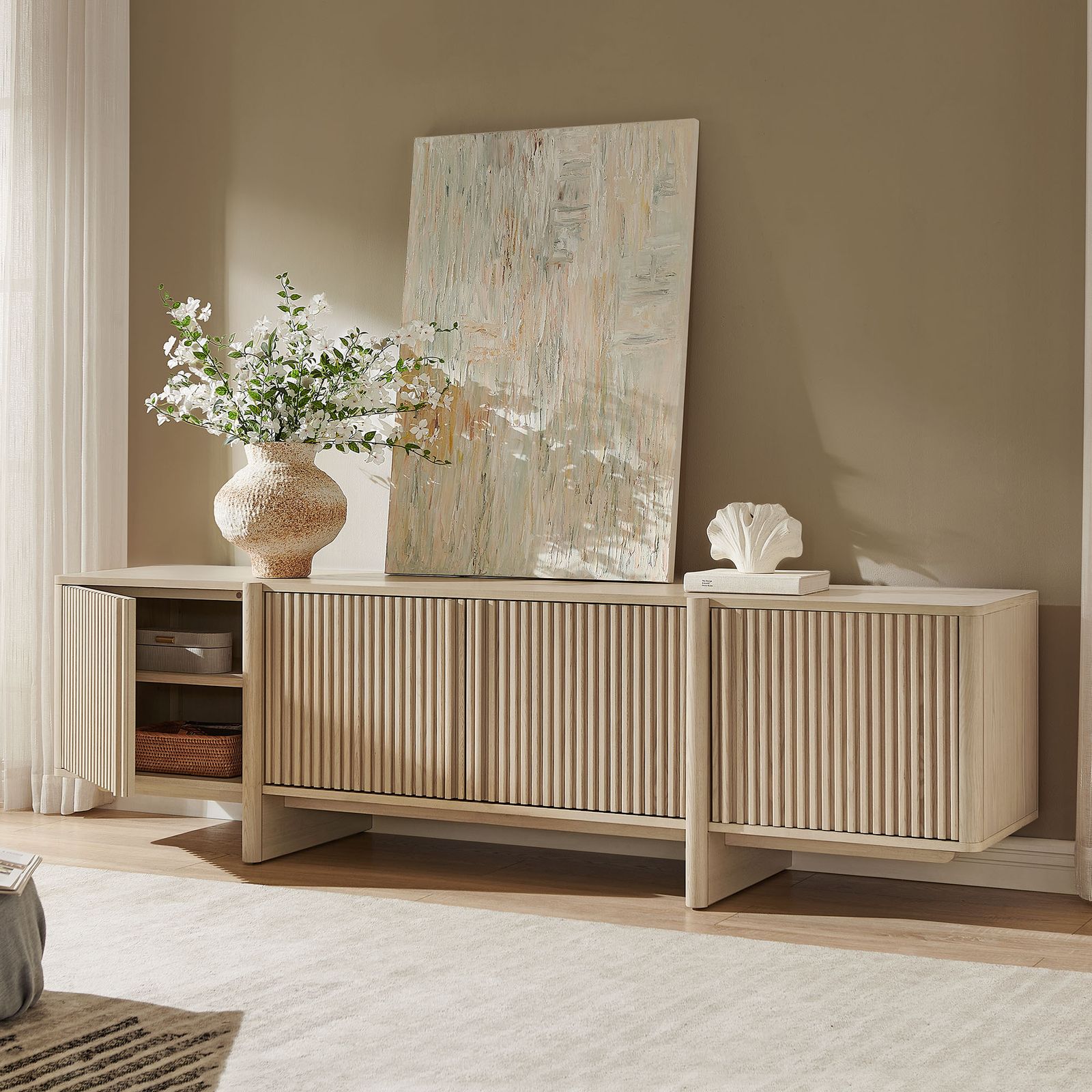 Sabina 84 inch White TV Stand with Solid Ash Door and Adjustable