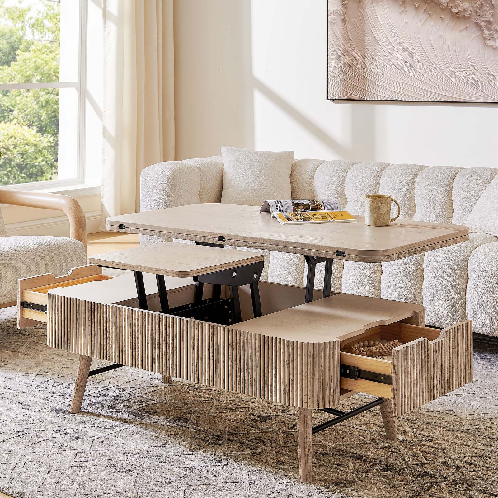 Magnus 47 Inch Lift-Top Coffee Table | Whitewashed Oak Coffee