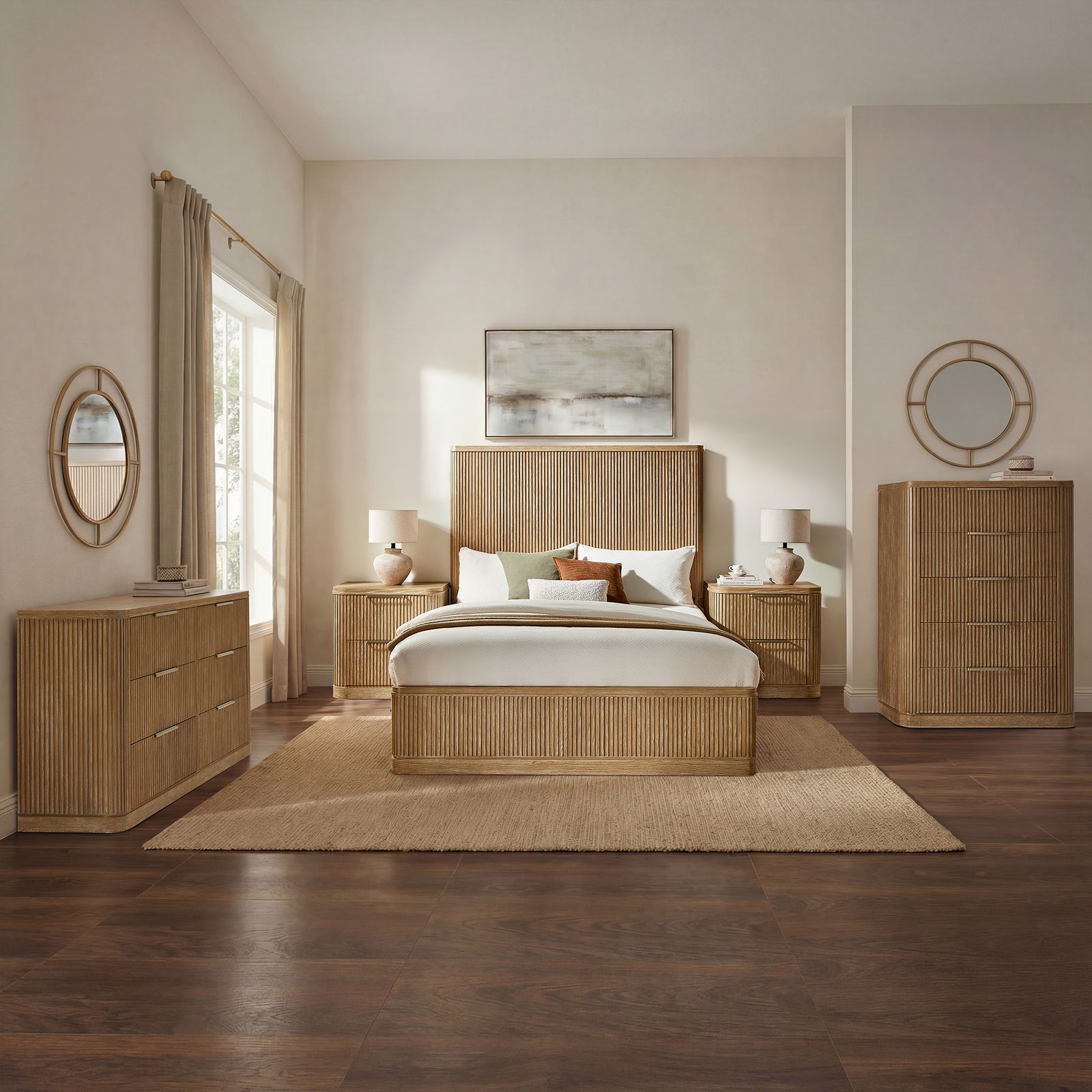 5-Piece Light Brown Wooden Fluted Bedroom Set with 2 Nightstands 5-Piece Light Brown Wooden Fluted Bedroom Set with 2 Nightstands