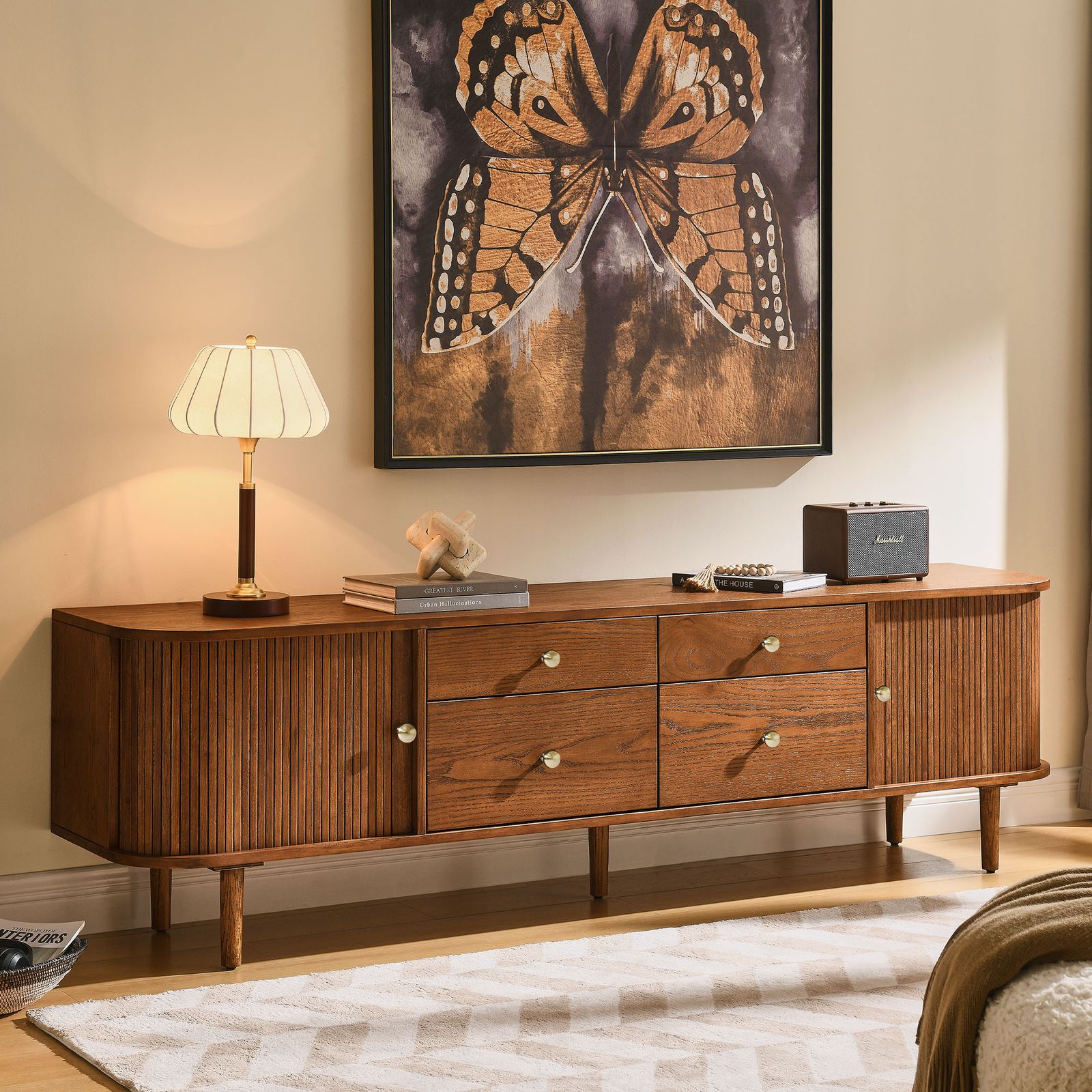 Tristan 84 inch Warm Brown Solid Oak Tambour Door TV Stand with 4