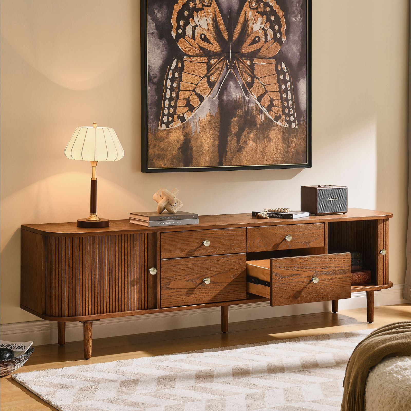 Tristan 84 inch Warm Brown Solid Oak Tambour Door TV Stand with 4