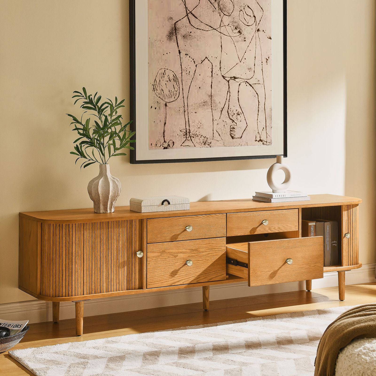Afternoon Tea LIVING　チェスト Tristan 84 inch Natural Solid Oak Tambour Door TV Stand with 4