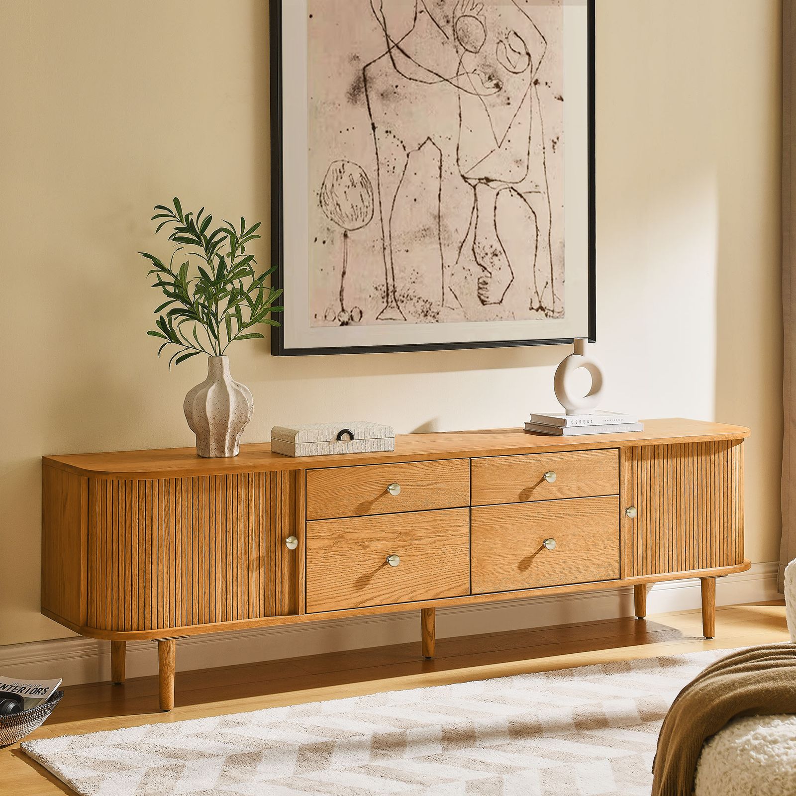 Afternoon Tea LIVING　チェスト Tristan 84 inch Natural Solid Oak Tambour Door TV Stand with 4