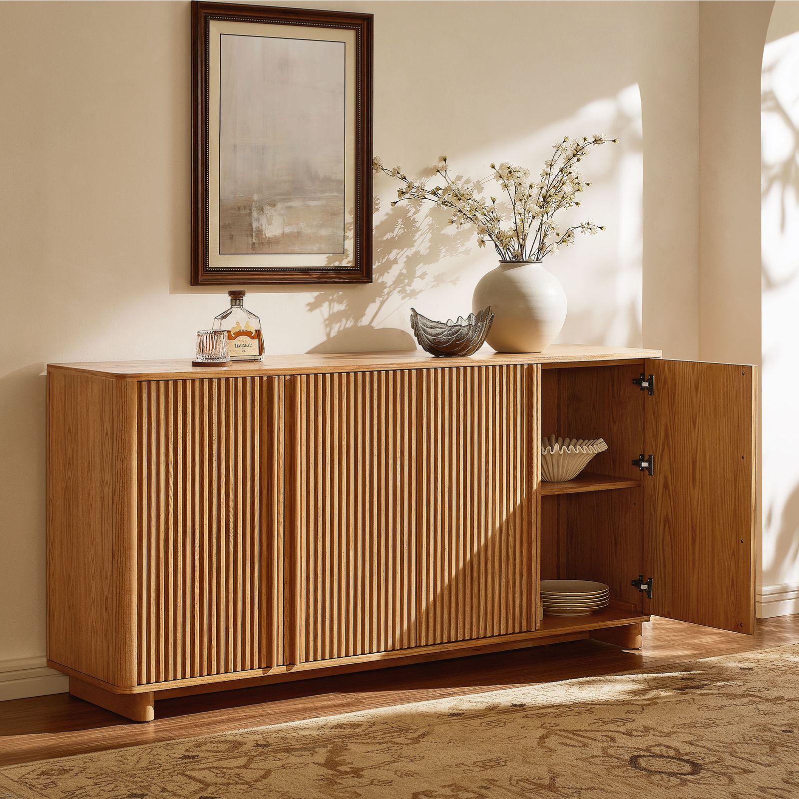 sideboard 15 cm tief Odikalo Kommode mit Bambus-Regalen & Säulen Natur (Kommode Sideboard 160cm Eiche, Römisches Design mit Säulen & Bambus-Regalen, 6 Schubladen & offene Regale, Höhenverstellbare Füße, H75/B160/T40 cm) Ikea