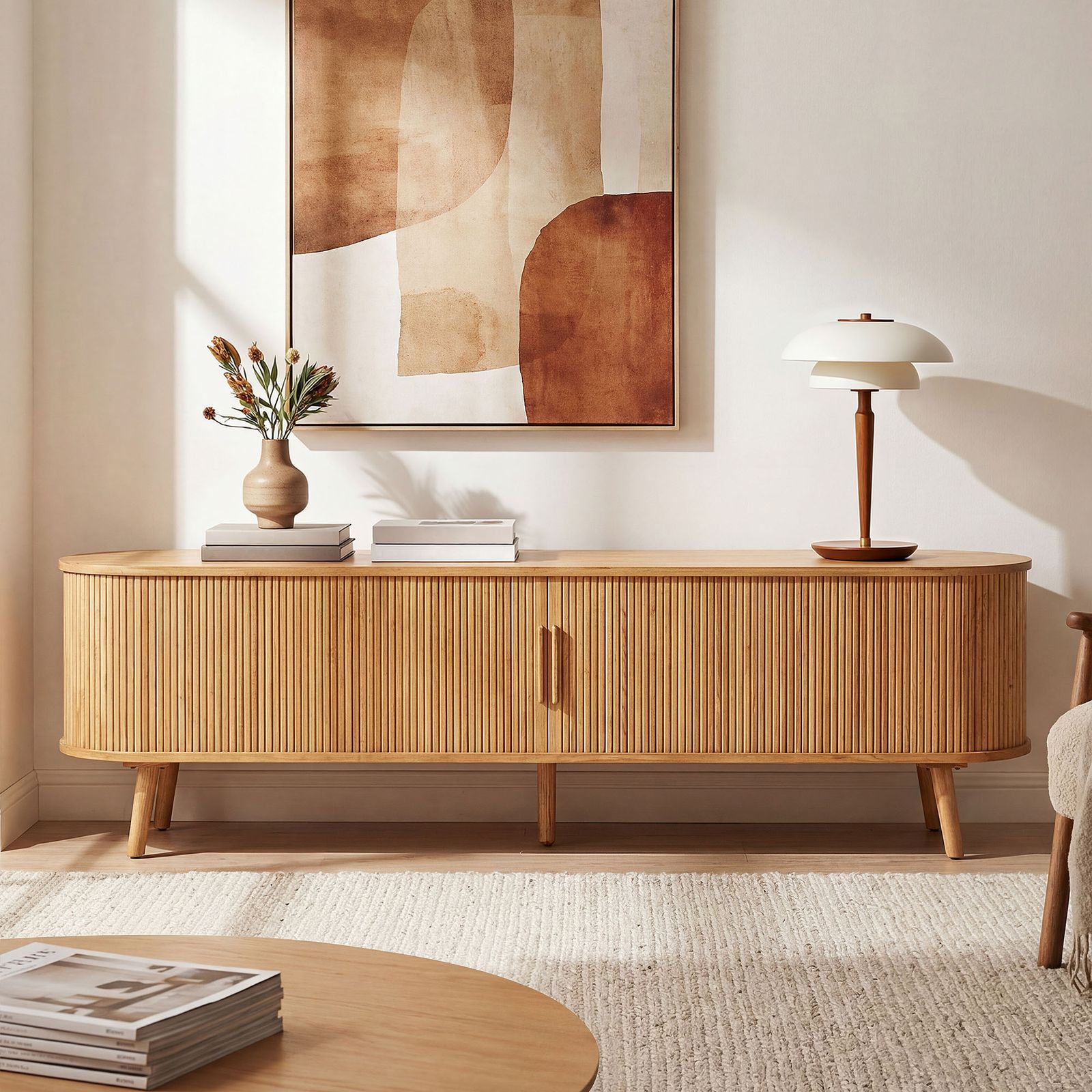 Valo 84 inch MCM Natural Solid Oak TV Stand with Tambour Door