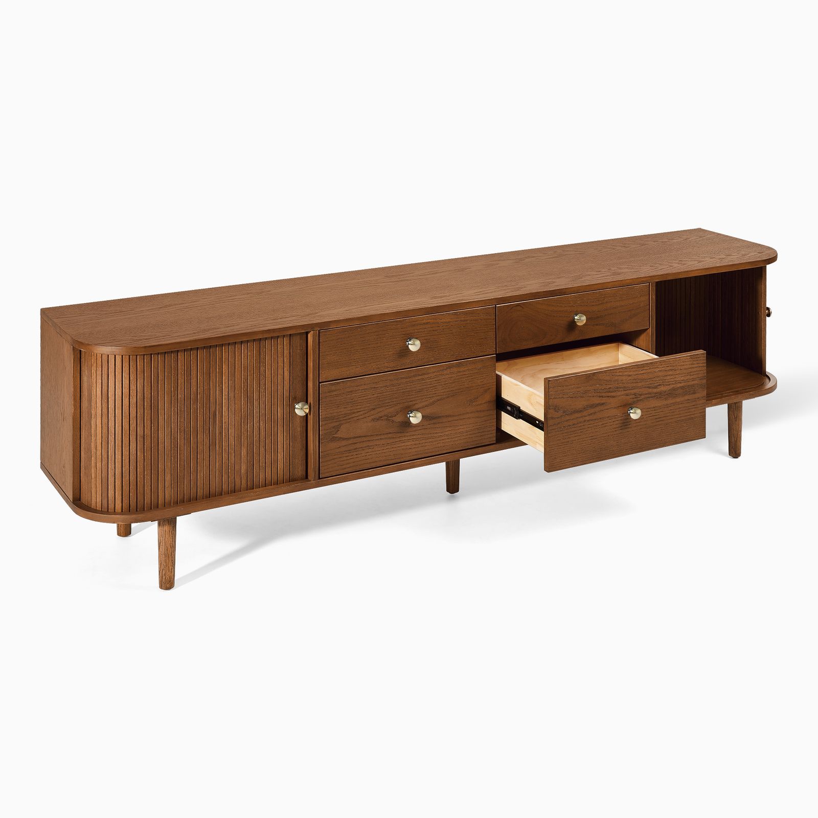 Tristan 84 inch Warm Brown Solid Oak Tambour Door TV Stand with 4