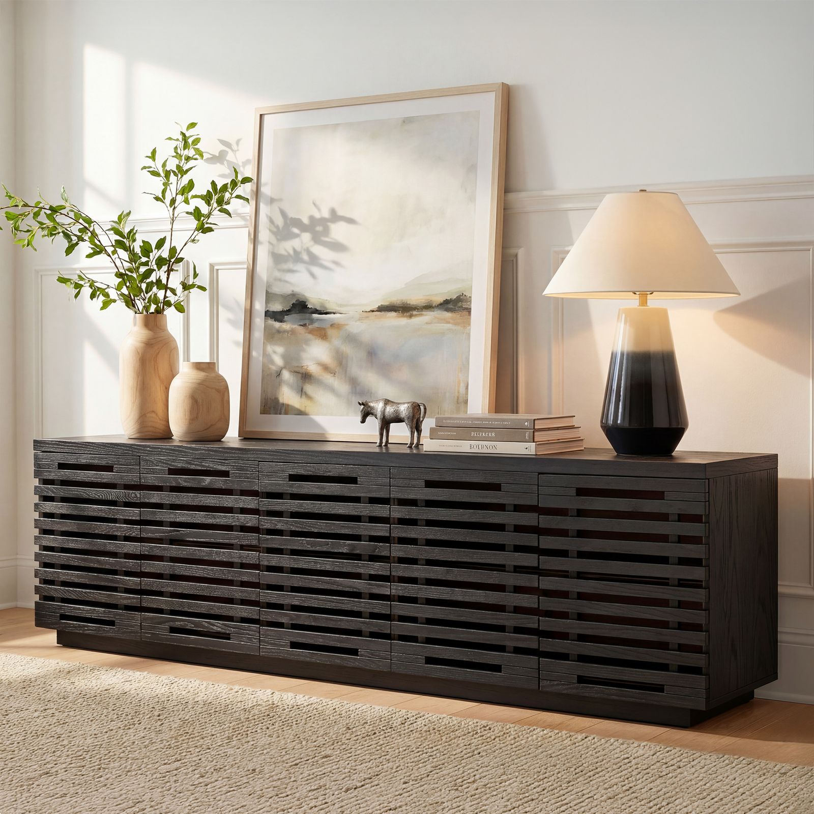 GALLERY.S S50 テレビボード Ingrid 84 inch Black Solid Oak Slatted TV Stand | HERNEST