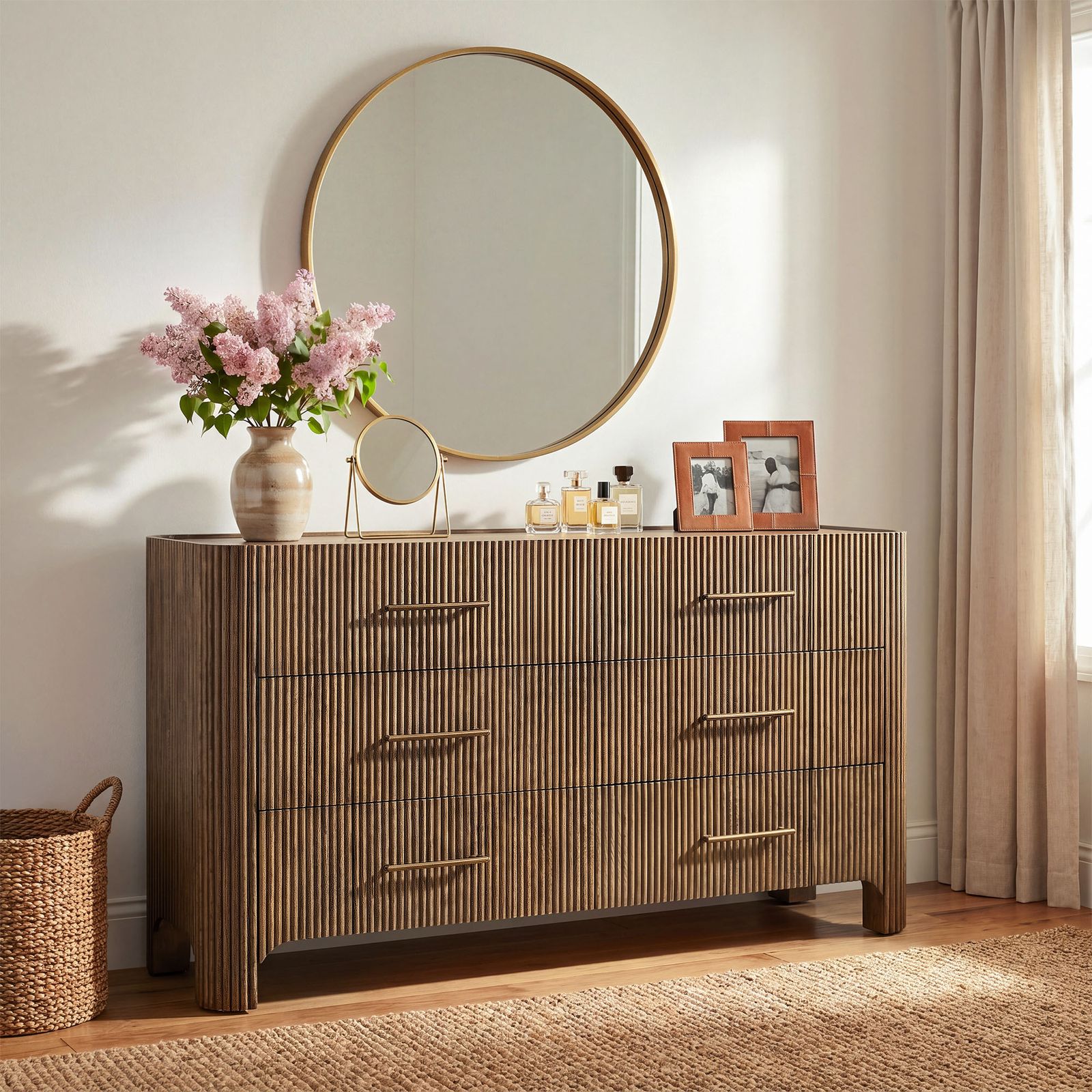 Alexa 63" 6-Drawer Fluted Oak Brown Dresser | HERNEST