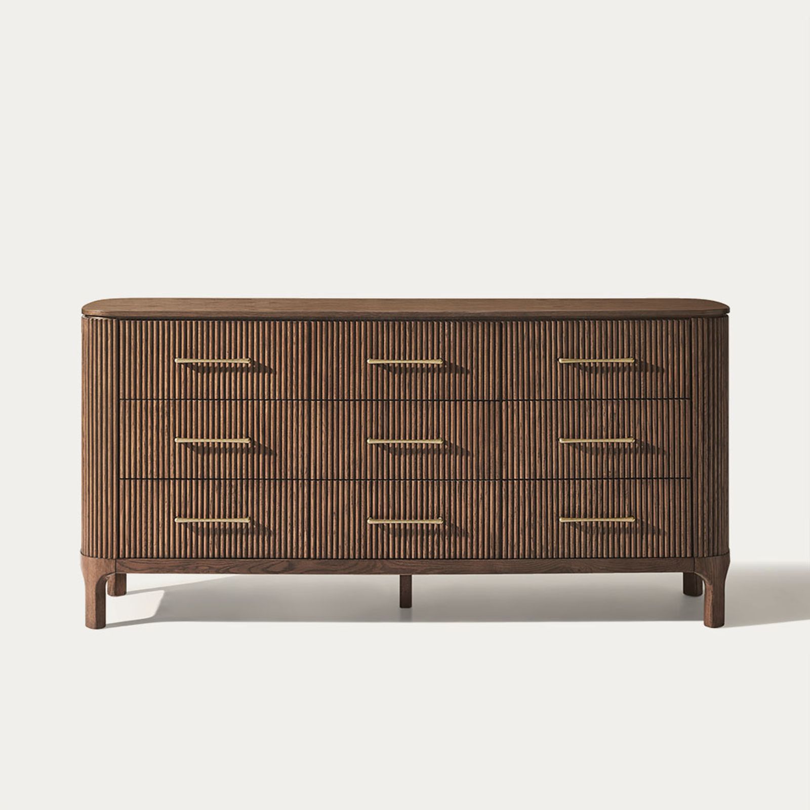 Skugga 70 inch Dark Brown Fluted Solid Oak Wood 9-Drawer Dresser