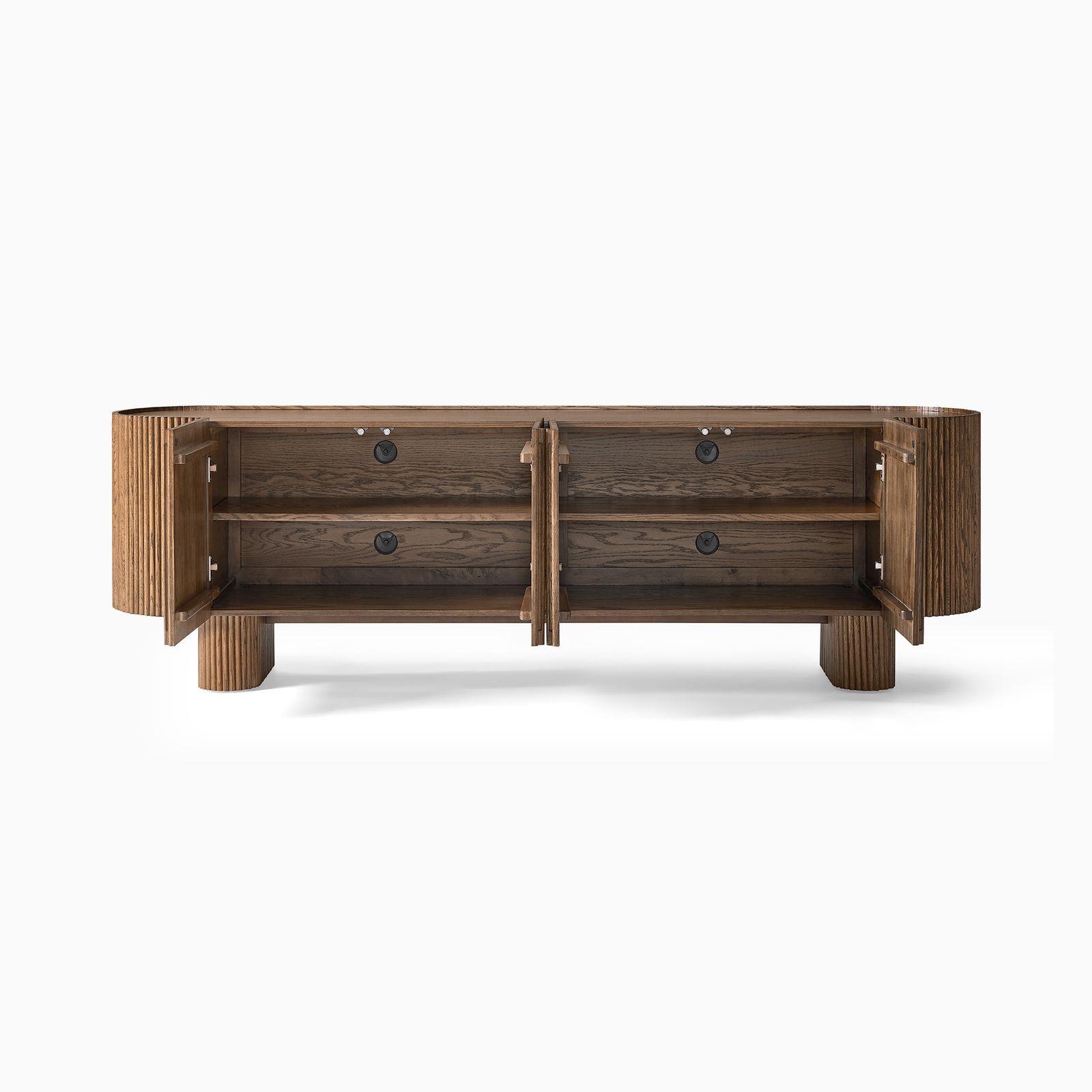 Marisol 84 inch Brown Oval Oak TV Stand with Adjustable Shelves