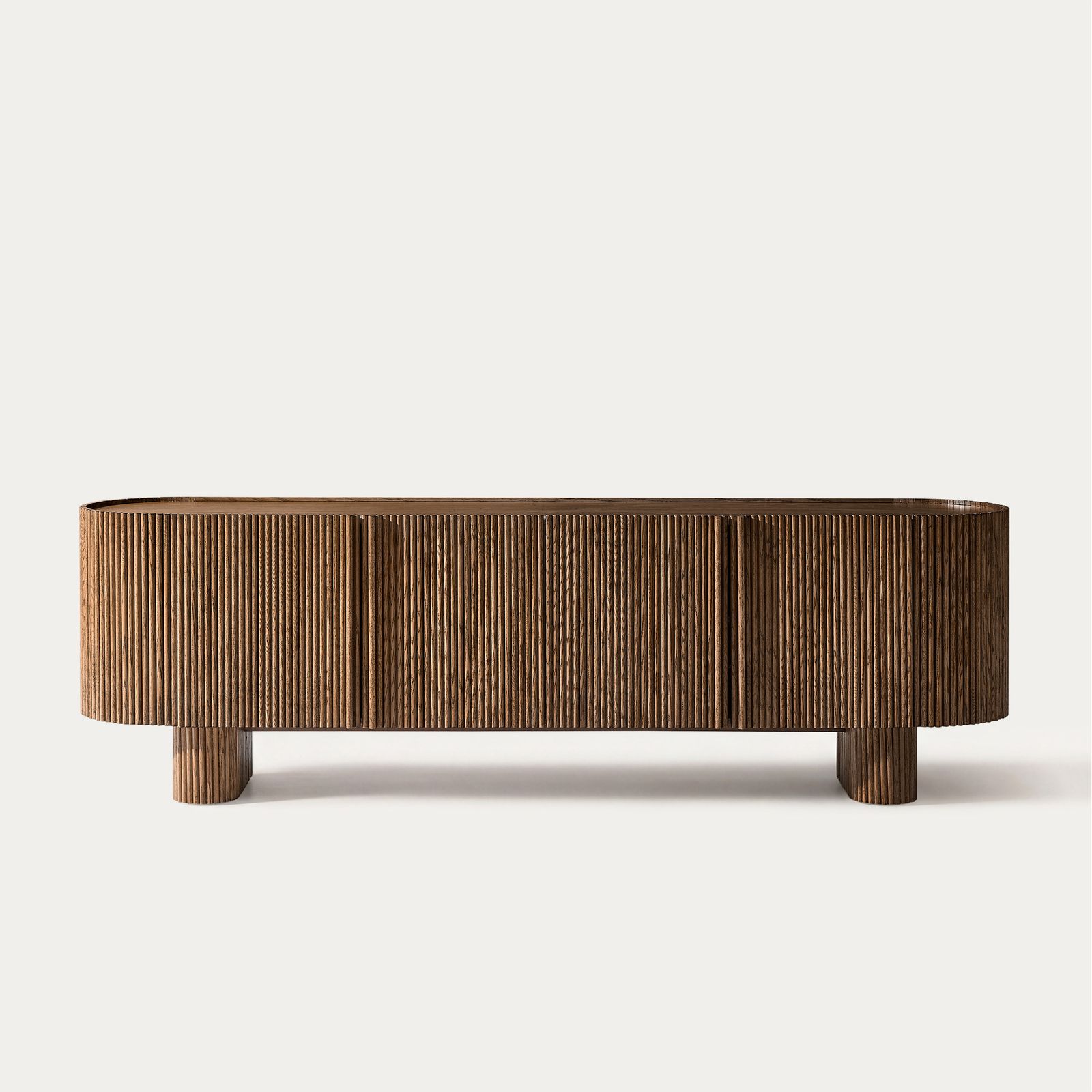 Marisol 84 inch Brown Oval Oak TV Stand with Adjustable Shelves