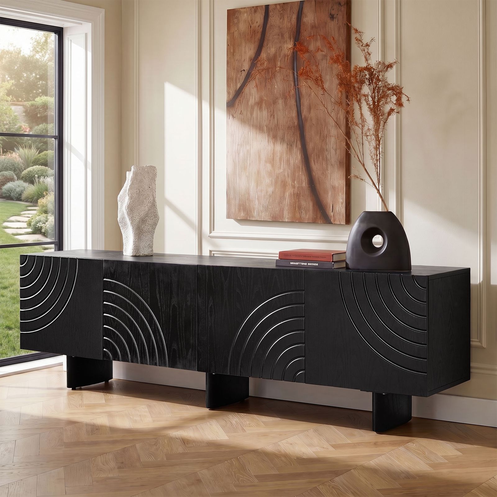 Pascal 84 inch Carving Black TV Stand | HERNEST