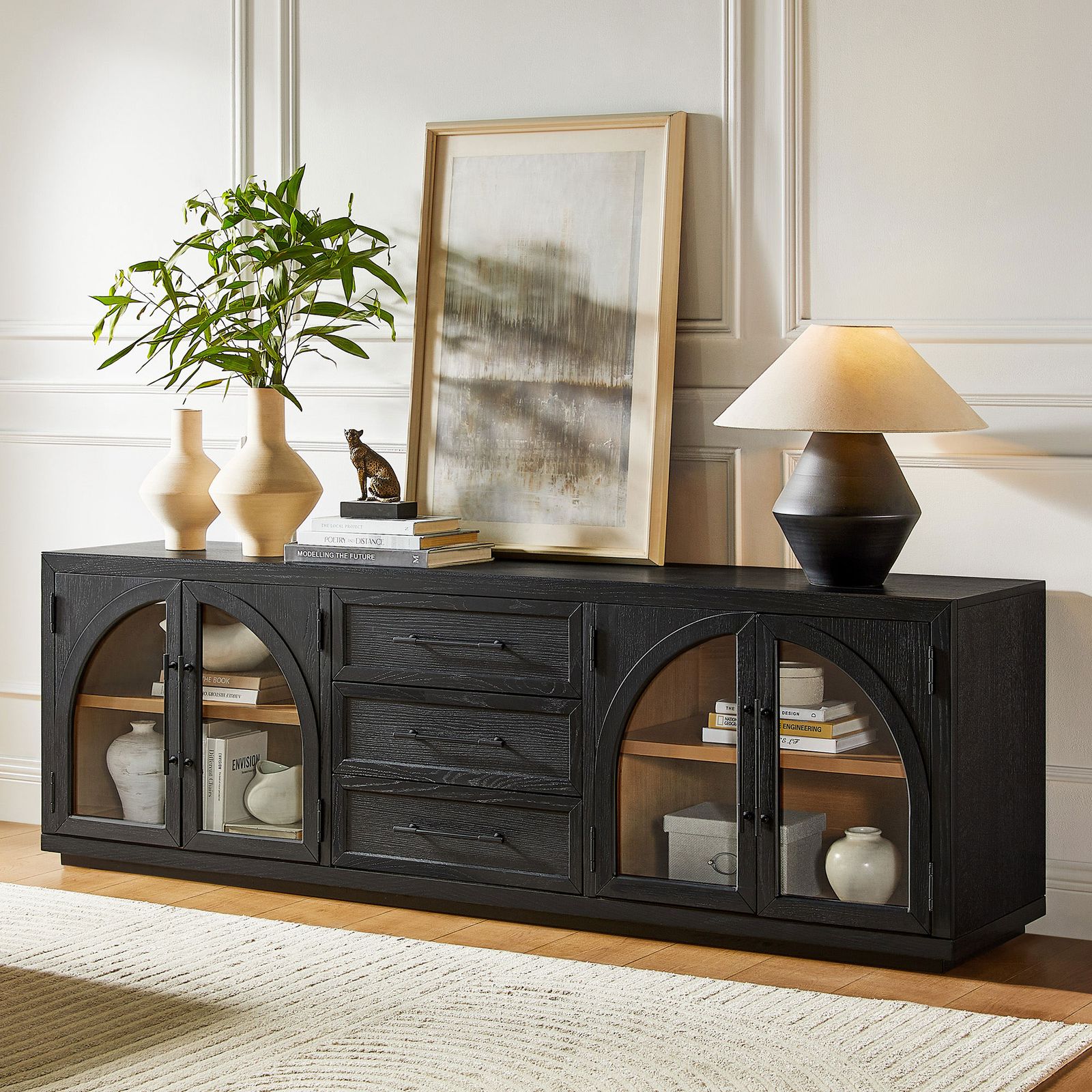 Valborg 80 Inch Black Mid-Century TV Stand with Arched Design
