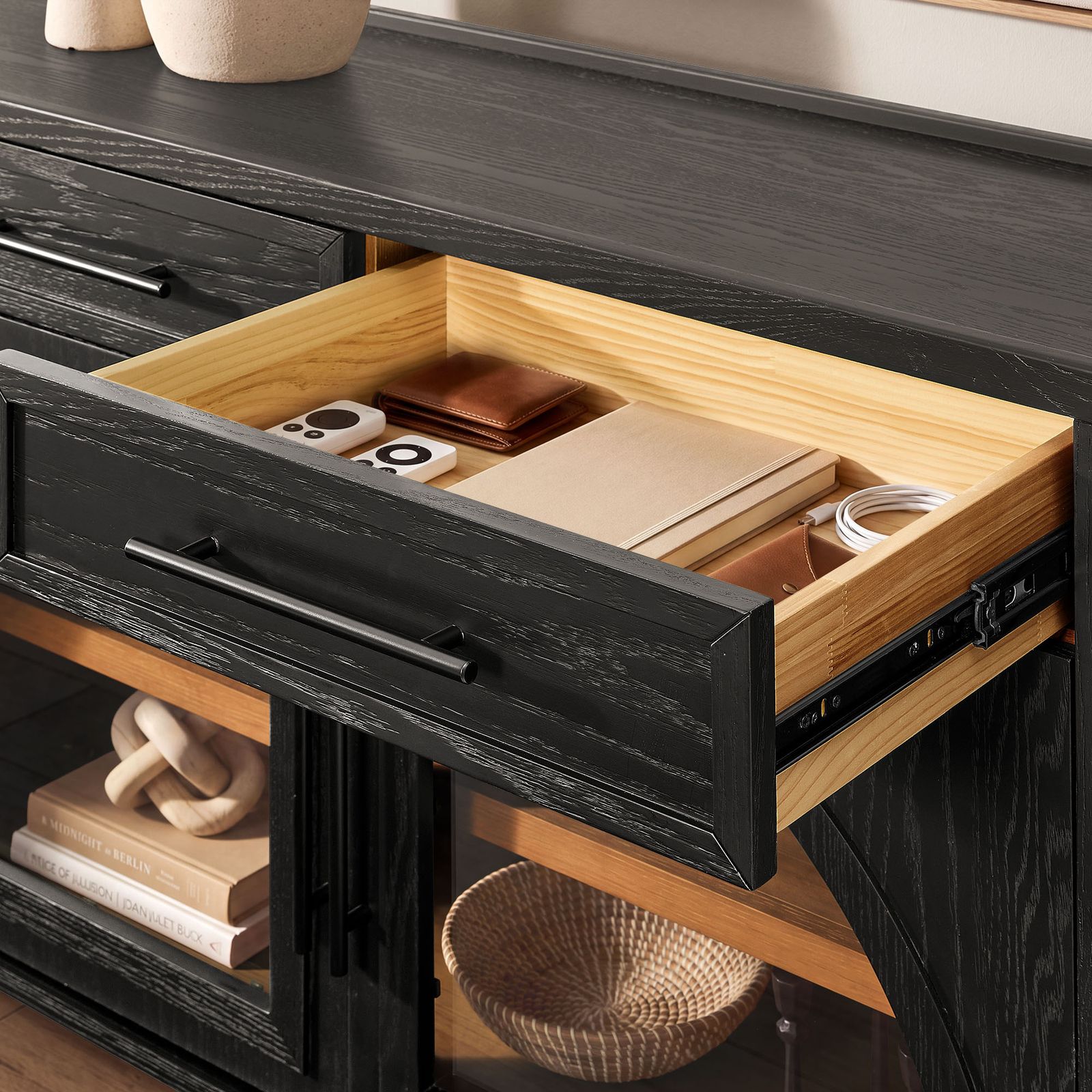 Jardine 84 inch Black Arched TV Stand with 4 Drawers & Adjustable