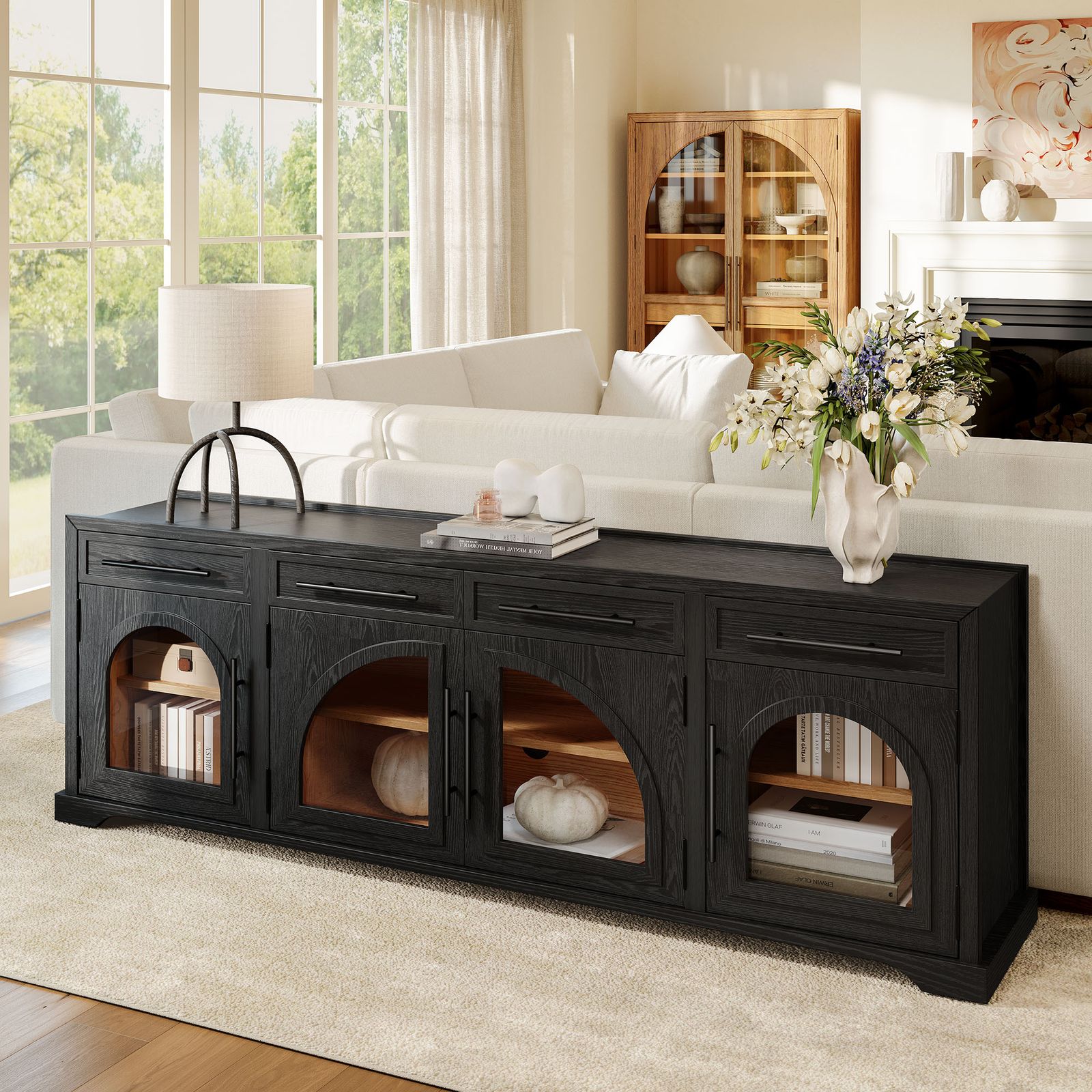 Jardine 84 inch Black Arched TV Stand with 4 Drawers & Adjustable