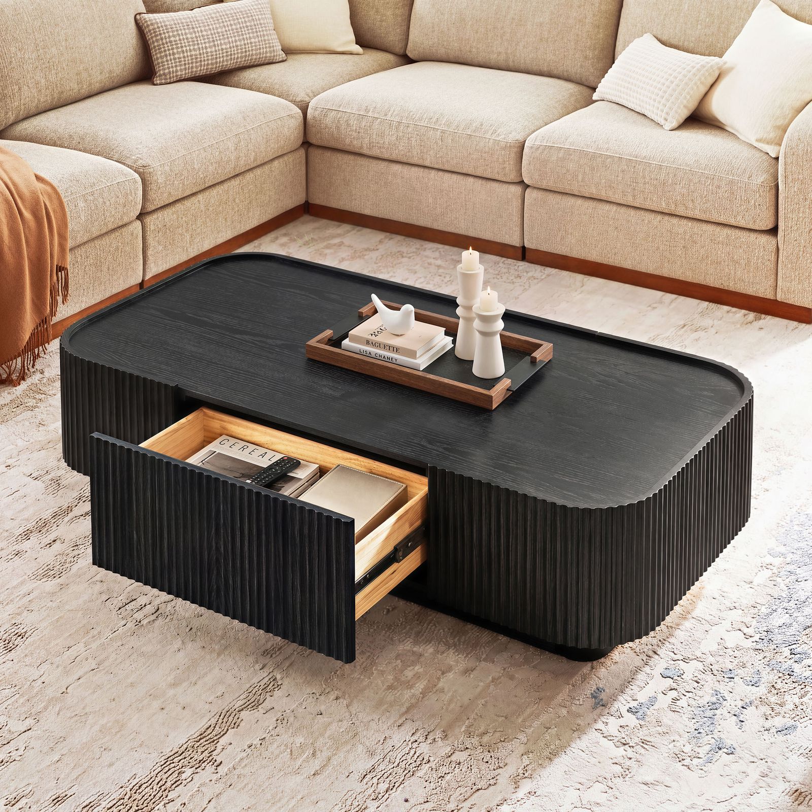 Skimra 55 inch Black Fluted Oak Coffee Table with 2 Drawers | HERNEST