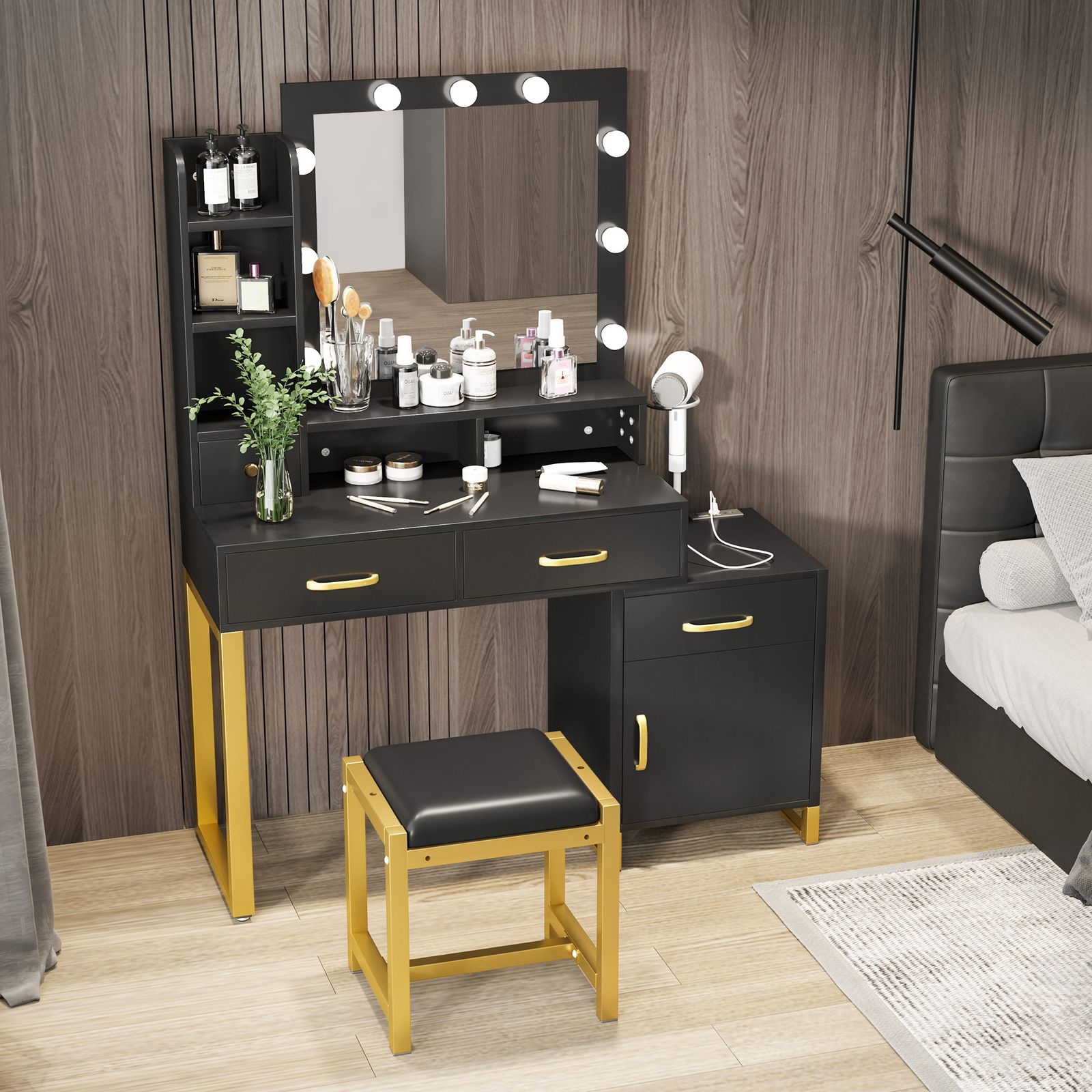 black vanity dresser FUFU&GAGA 5-Drawers Wood Makeup Set Dressing Desk W/Stool, LED Round Mirror and Storage Shelves as well as the under Black Beauty: Transform Your Space