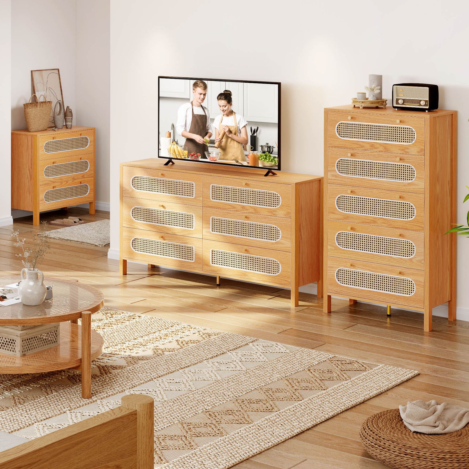WLIVE 5-Drawer Dresser - Light Oak Wood With Rattan Fronts & Gold Handles WLIVE 5-Drawer Dresser - Light Oak Wood With Rattan Fronts & Gold Handles