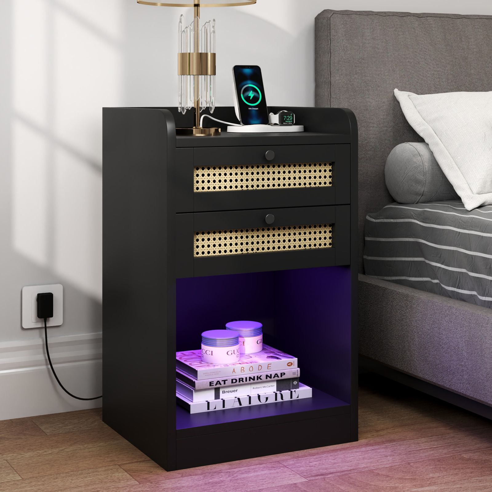 Yitahome | Set of 2 Modern Rattan Nightstand with RGB Light, 2