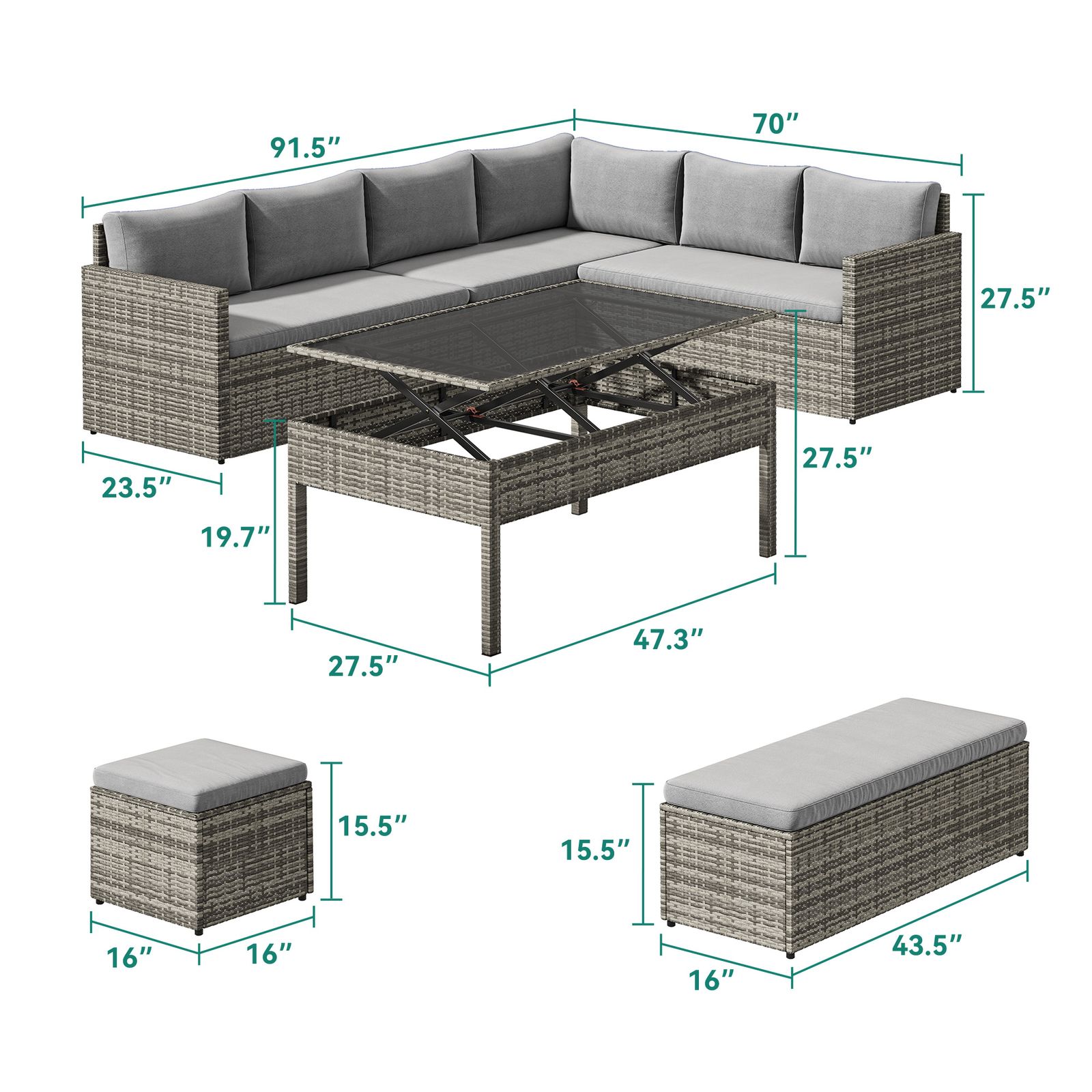 Yitahome | 6 Pcs Grey Wicker Outdoor Sofa Set with Lift-Top Table