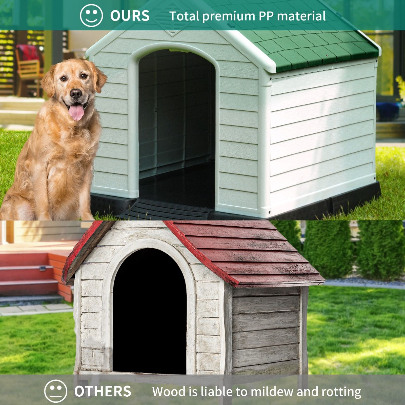 Yitahome 41" Plastic Dog House Water Resistant with Air Vents and Elevated Floor, White&Green