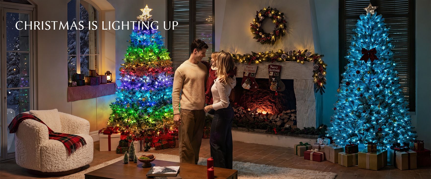 Wide view of the CastGlow 7.5 ft pre-lit slim flocked artificial Christmas tree glowing with RGB lights in a living room.
