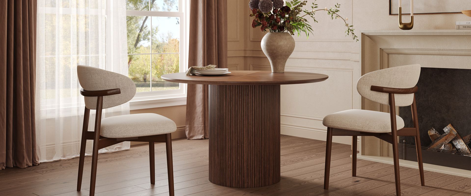 46" Mid Century Round Wooden Dining Room Table with Fluted Pedestal for ...