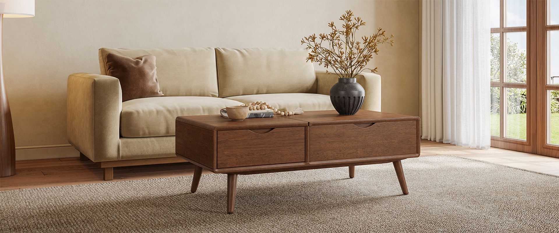 47 Inch Mid-century Solid Wood Lift Top Coffee Table with Storage | HERNEST