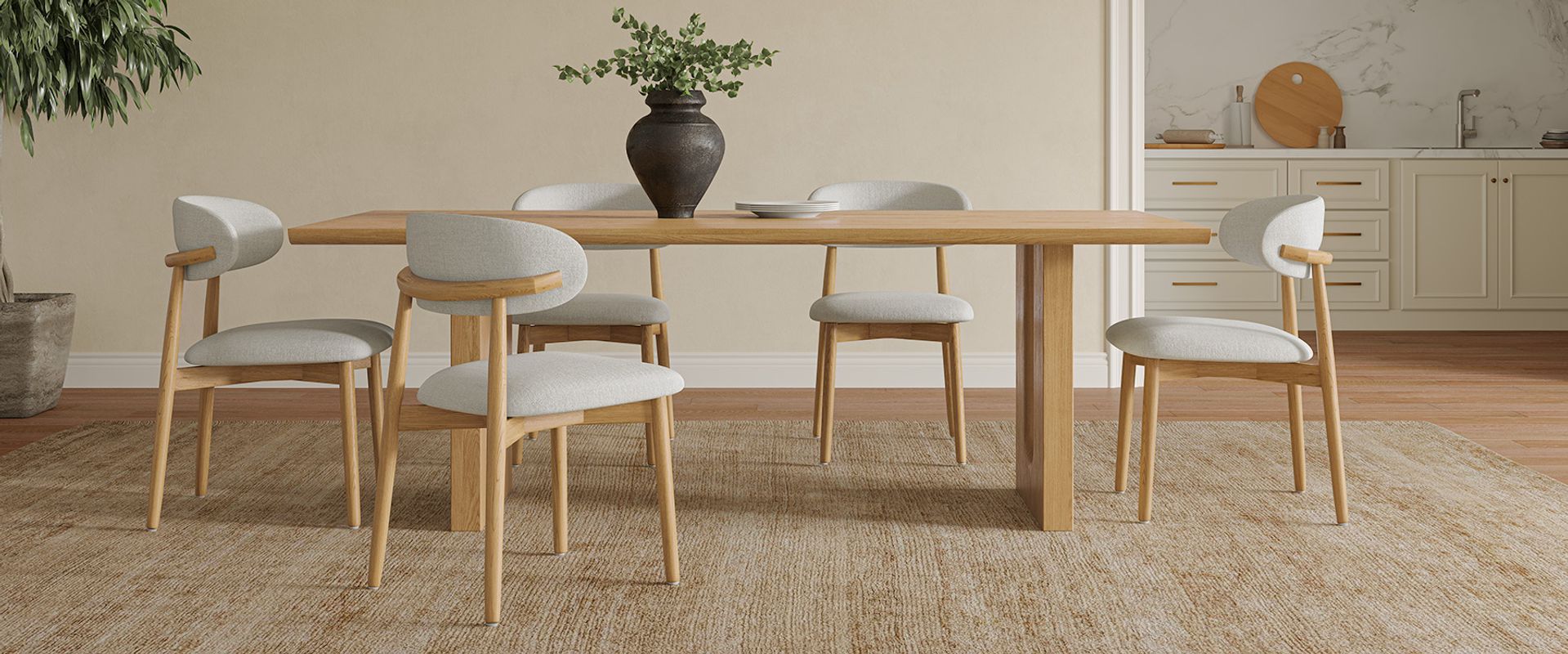 Mid Century Modern Ash Wood Dining Chairs Set with Cotton Linen Upholstery for Dining Room