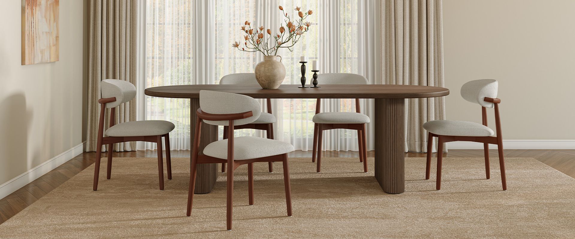 Mid Century Modern Ash Wood Dining Chairs Set with Cotton Linen Upholstery for Dining Room