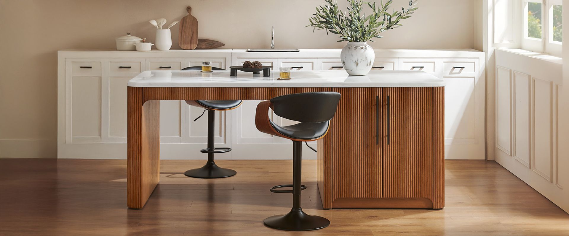 90" Brown Kitchen Island with Marble Tabletop and Drawers and Cabinet