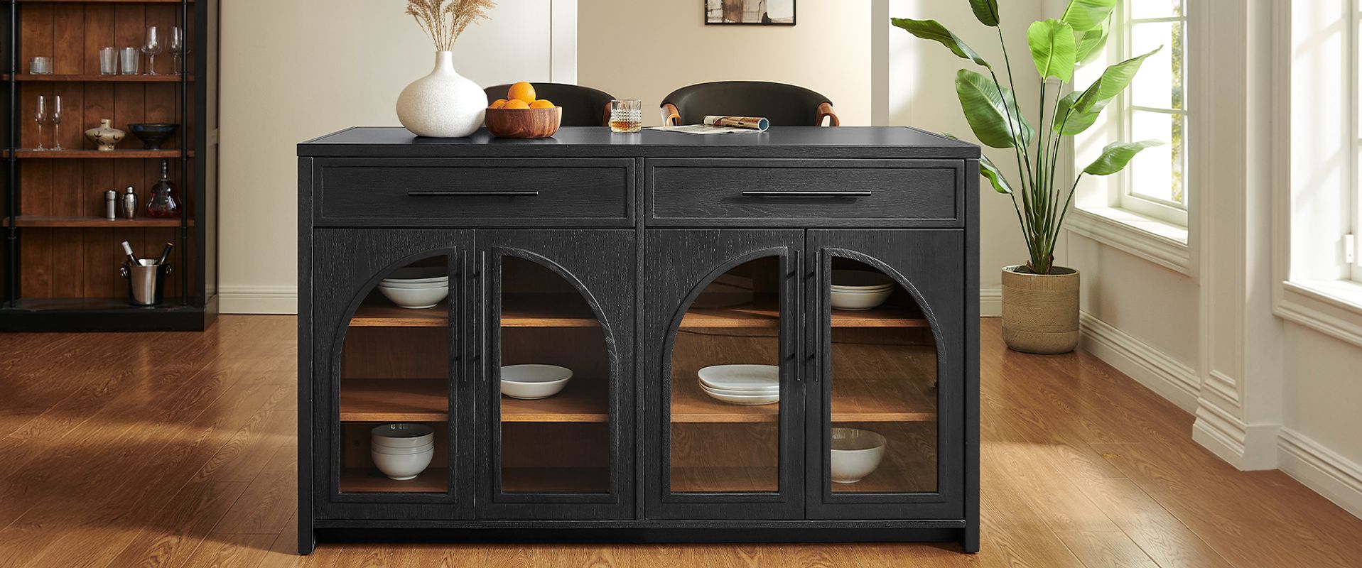 Black Versatile Kitchen Island and Two Counter Stools for Dining Room