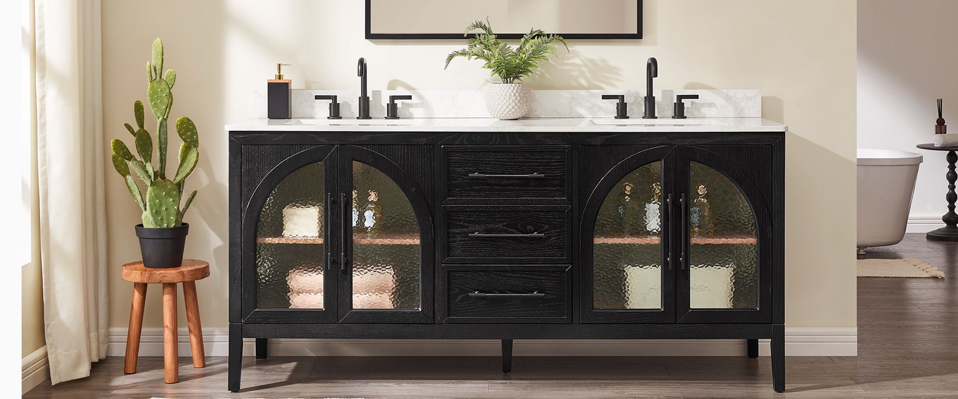 Valborg 72" Black Double Bathroom Vanity with Arch Glass Doors and ...