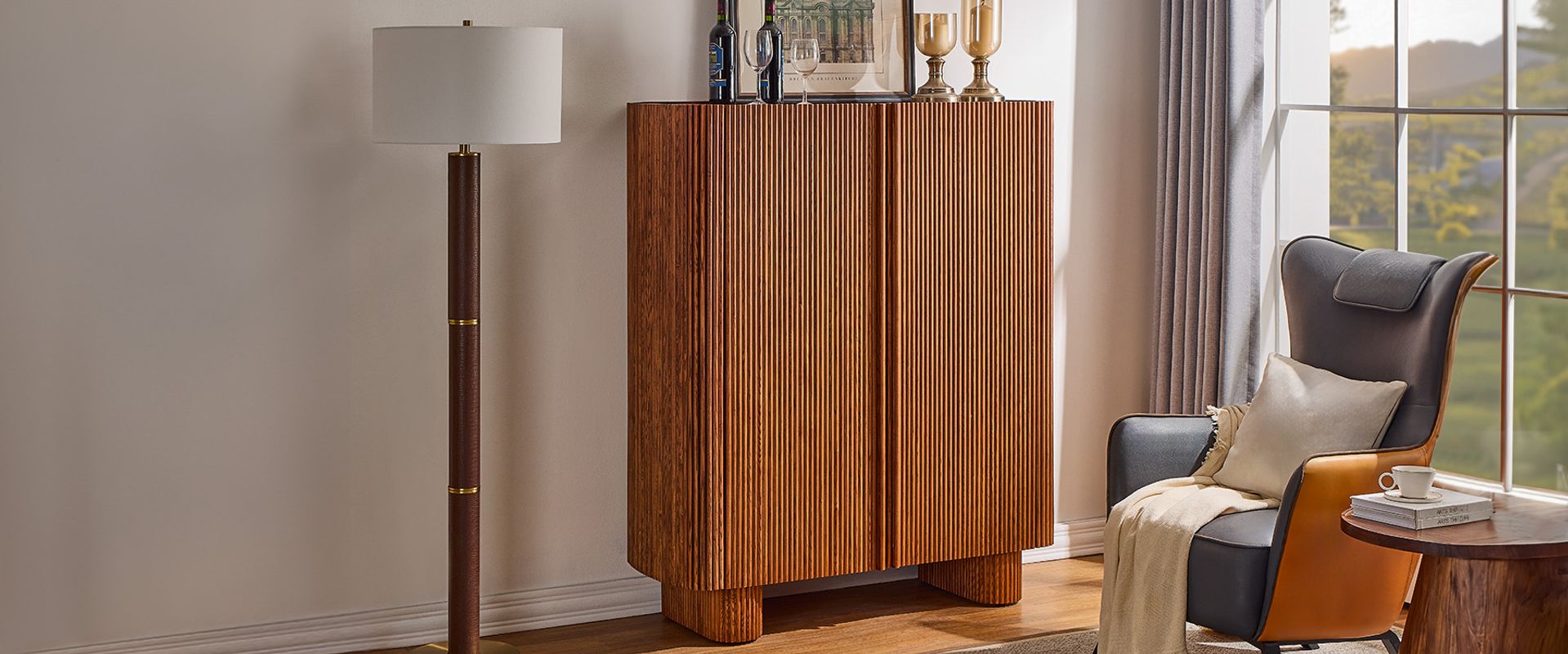 Marisol 47" BrowmOak Bar Cabinet with Solid Oak Fluted Design