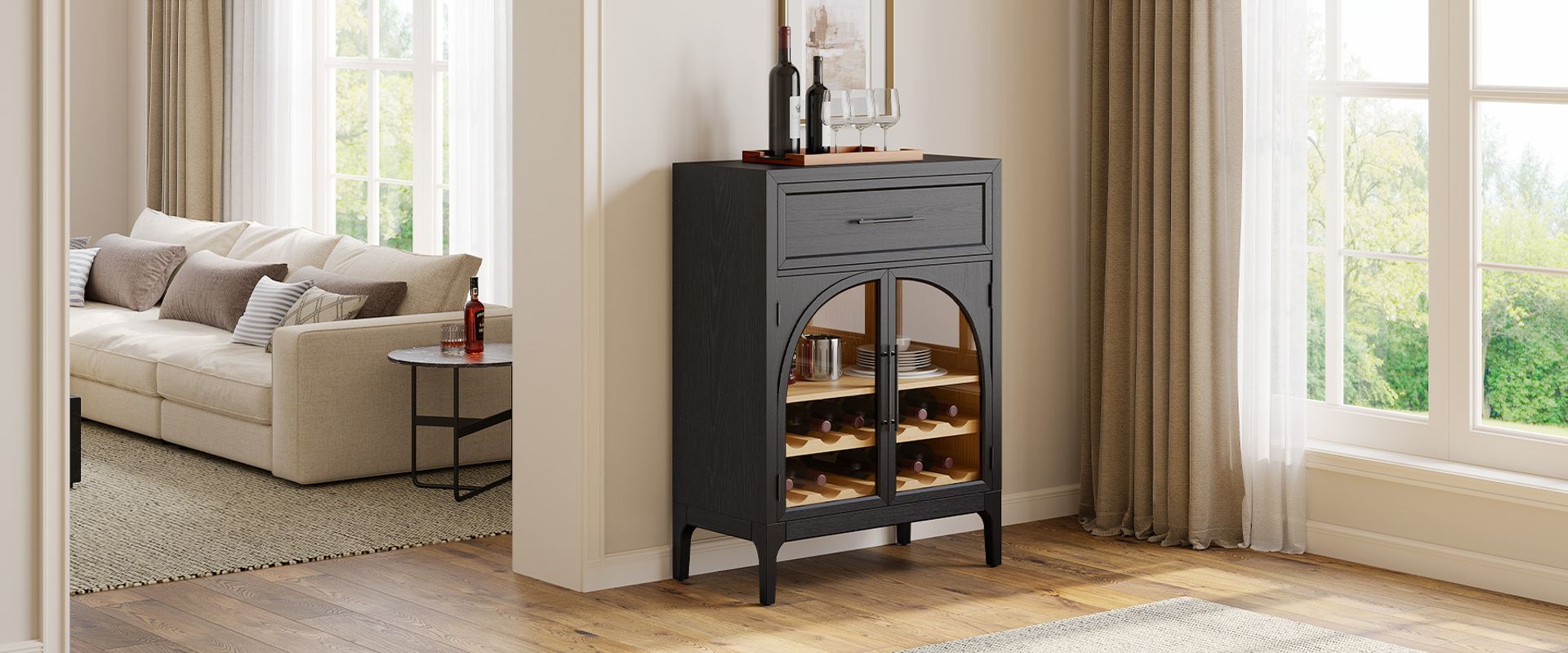 Valborg 36" Black Oak Bar Cabinet with Arch Desin Doors for Dining Room