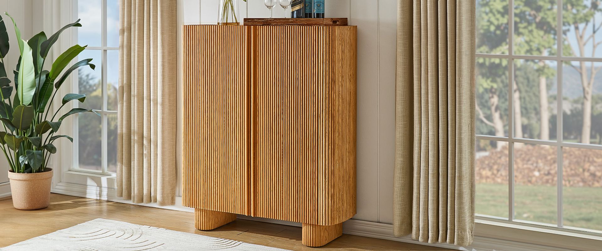 Marisol 47" Natural Oak Bar Cabinet with Solid Oak Fluted Design for Dining Room