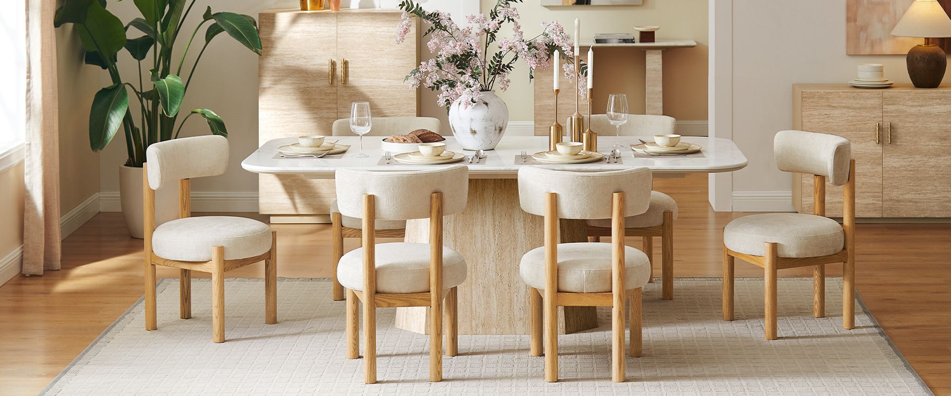 Modern Renata 84" Travertine-Textured Dining Table with Engineered Stone Tabletop for Dining Room