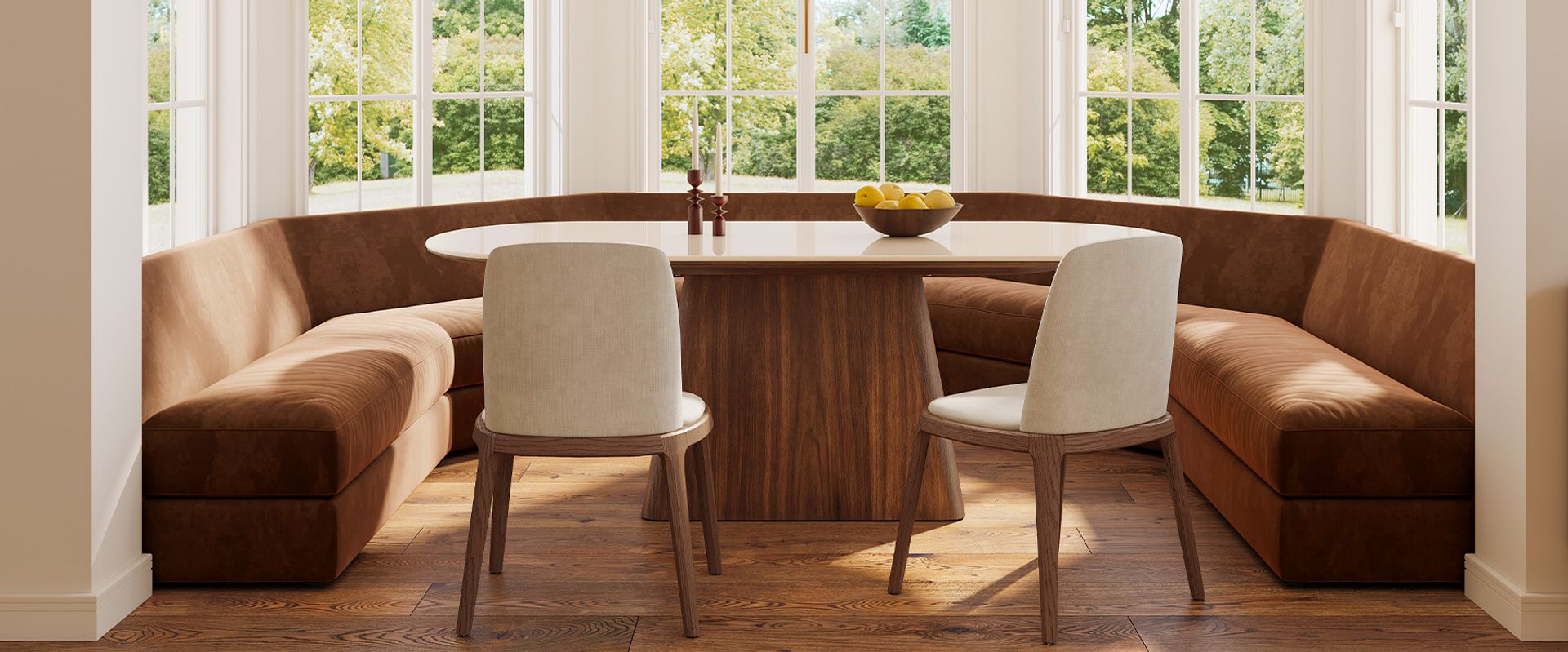84 Inch Engineered Stone Dining Table with Brown Wooden Pedstal Base for Dining Room