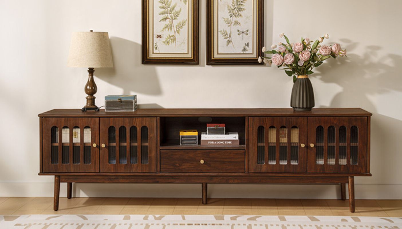 Aldric 84 inch Walnut Glass Door TV Stand | HERNEST