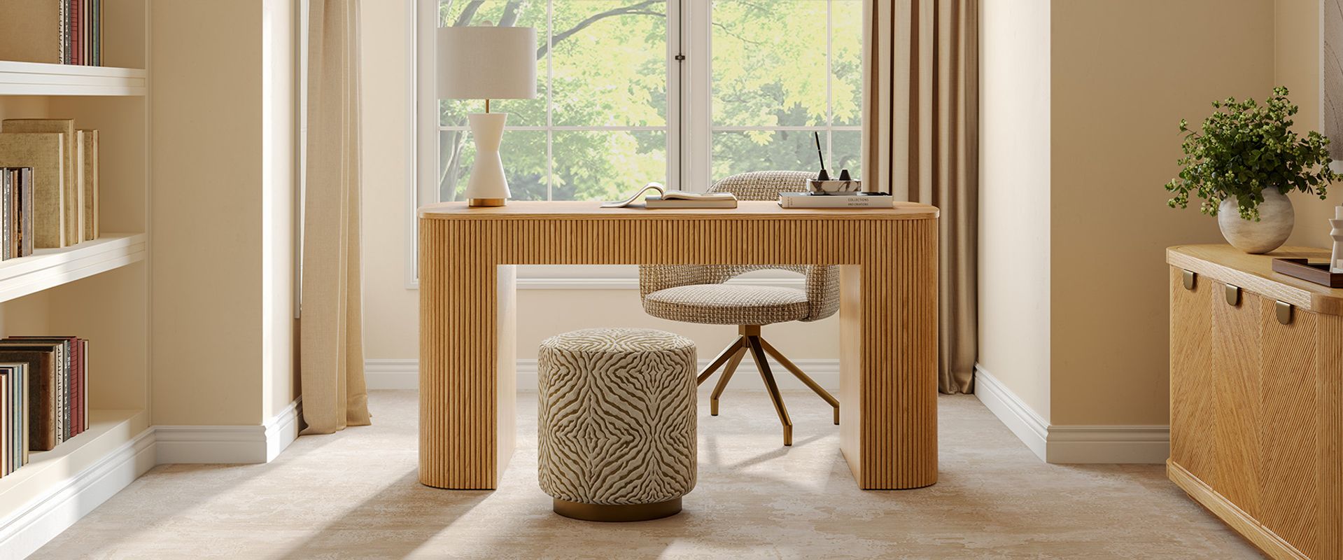 A clean and tidy modern home study, with a classic grille wood grain solid wood desk placed in the center